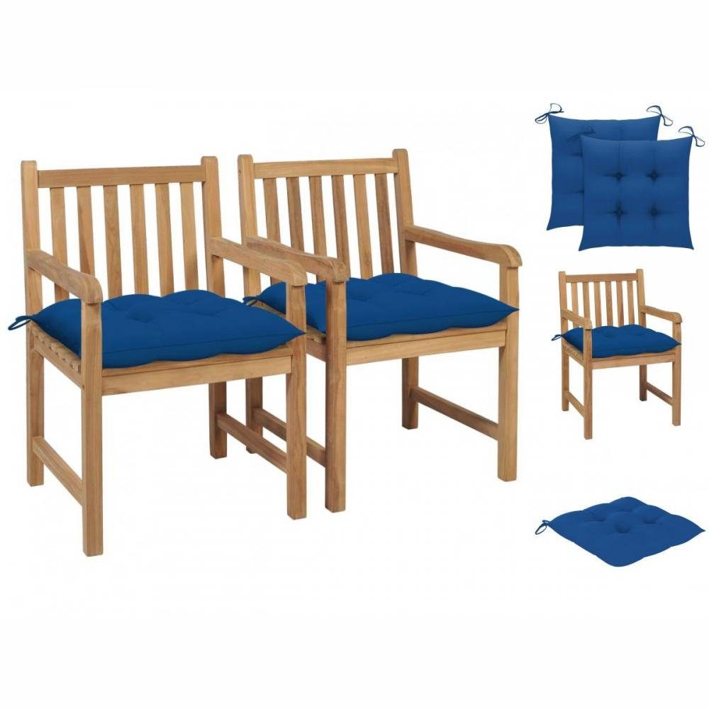 vidaXL Gartenstuhl Gartenstühle 2 Stk mit Blauen Kissen Massivholz Teak Holz