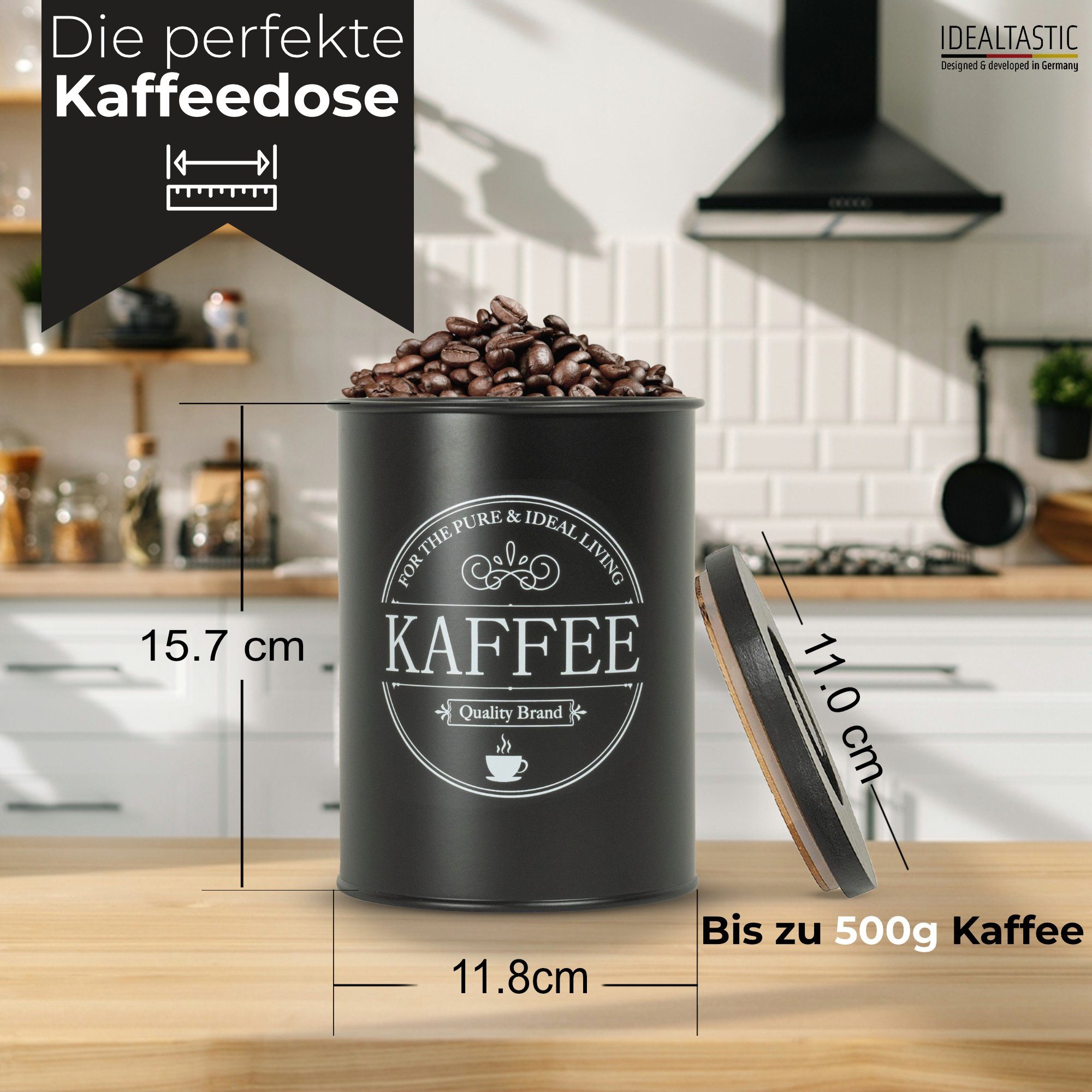 für (mit für IDEALTASTIC Kaffeearoma, Robuste Kaffeedose zeitsparendem Bambus-Deckel, Kaffeedosen), Kaffeedose luftdicht gemahlenen & 500g Stahl, Bohnen anhaltendes Kaffee Lebensmittelgeprüfte