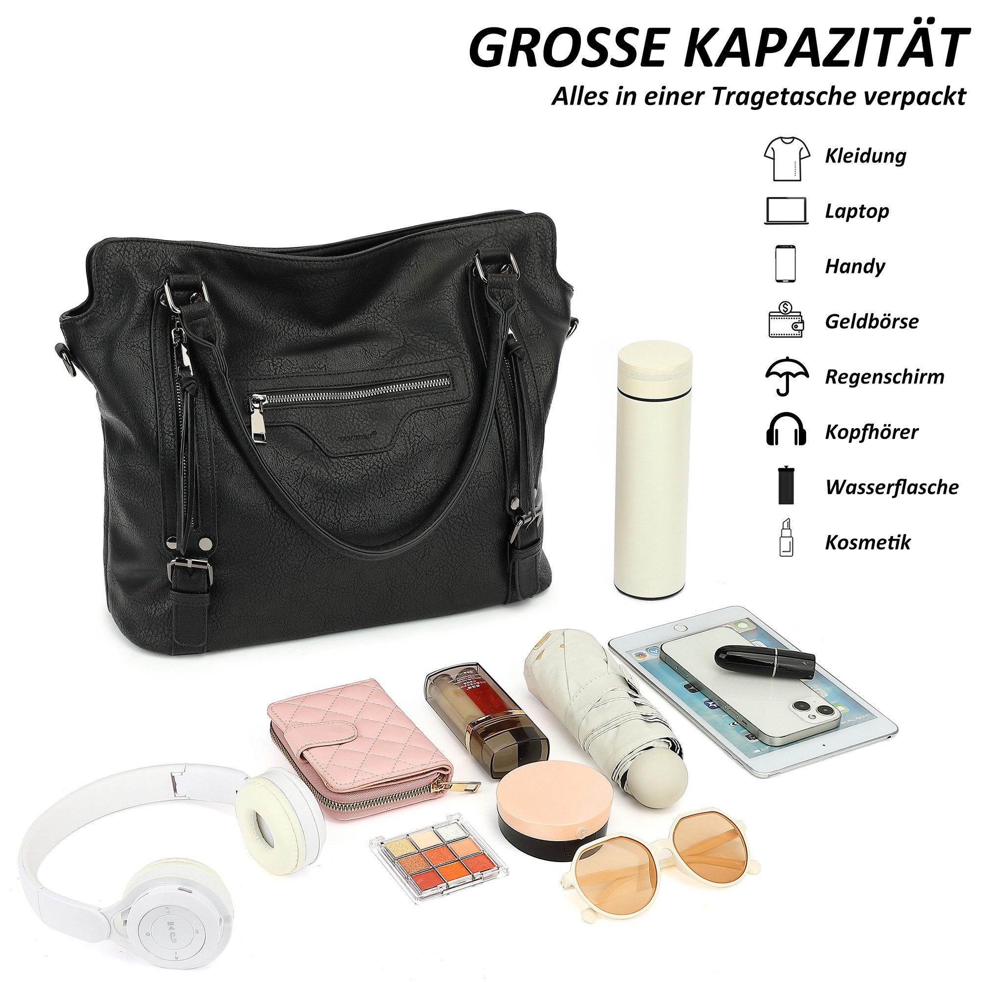 TAN.TOMI Handtasche Damen Shopper - Set Schultertasche Henkeltasche Umhängetasche, Mit abnehmbarem Schultergurt für Büro Schule Einkauf Reise – Bild 4 von 5