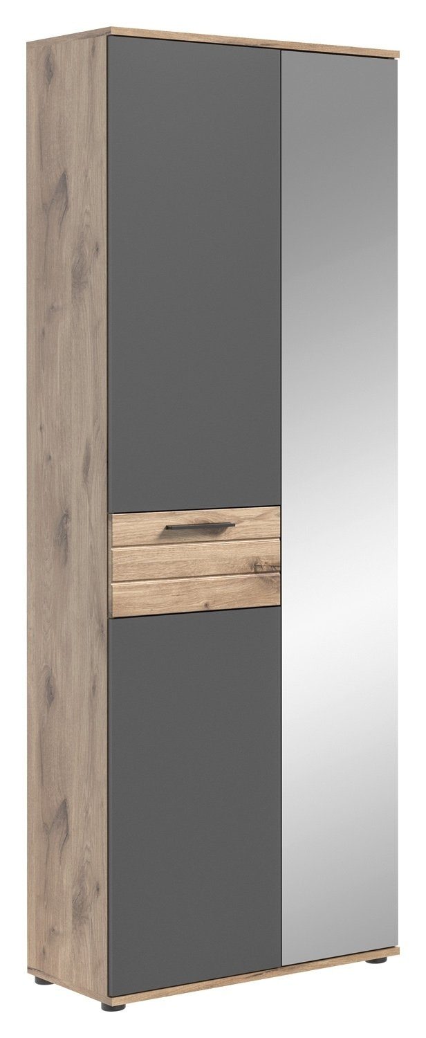 xonox.home Garderobenschrank MASON, Nox Eiche Dekor, B 70 cm, T 37 cm, Basaltgrau, 2 Türen, mit Spiegel