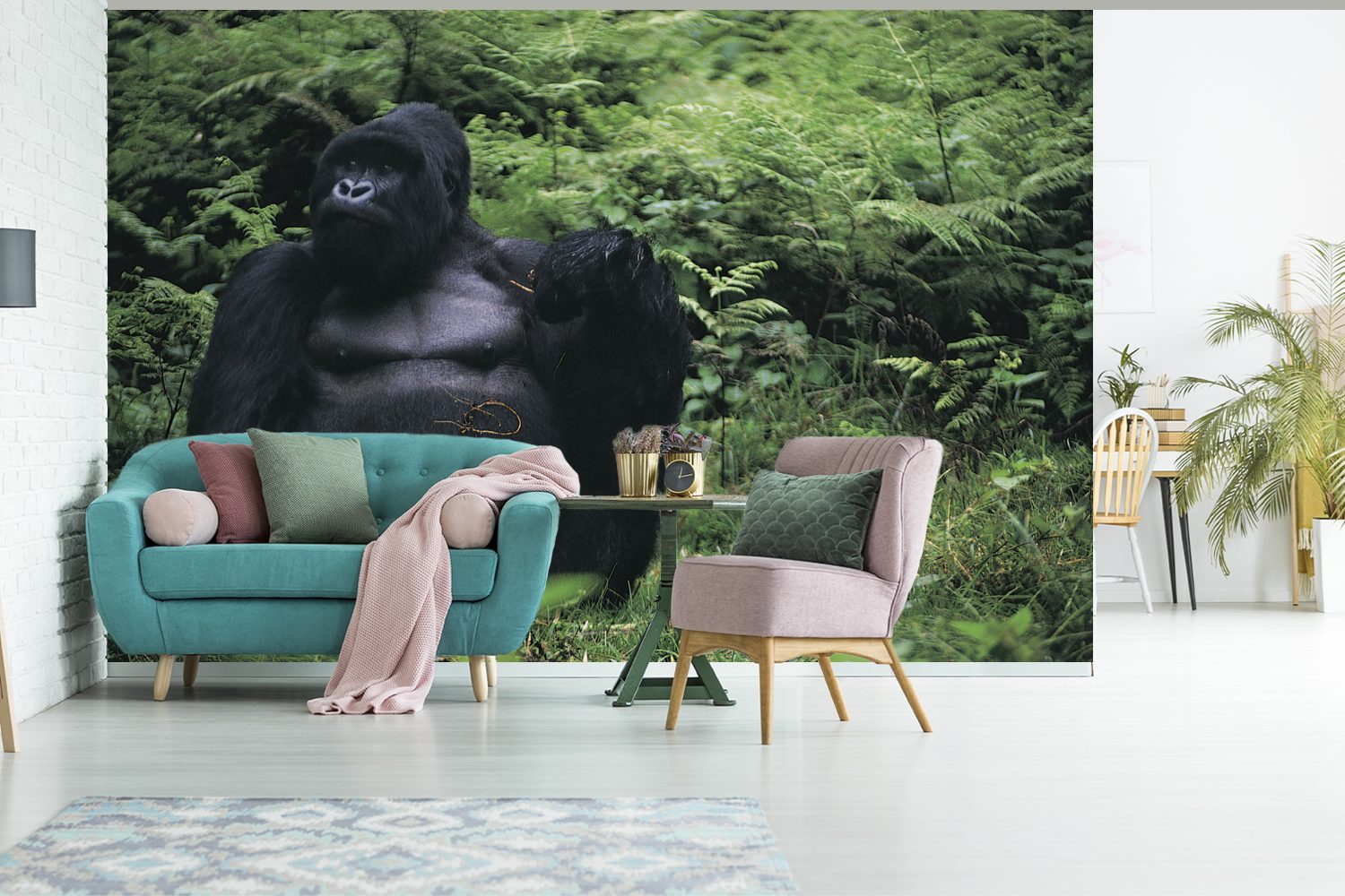 Gorilla grünen (6 Wohnzimmer, Fototapete bedruckt, St), Wallpaper Matt, Ein in Kinderzimmer, Vinyl Tapete MuchoWow Regenwald, für Schlafzimmer, einem riesiger