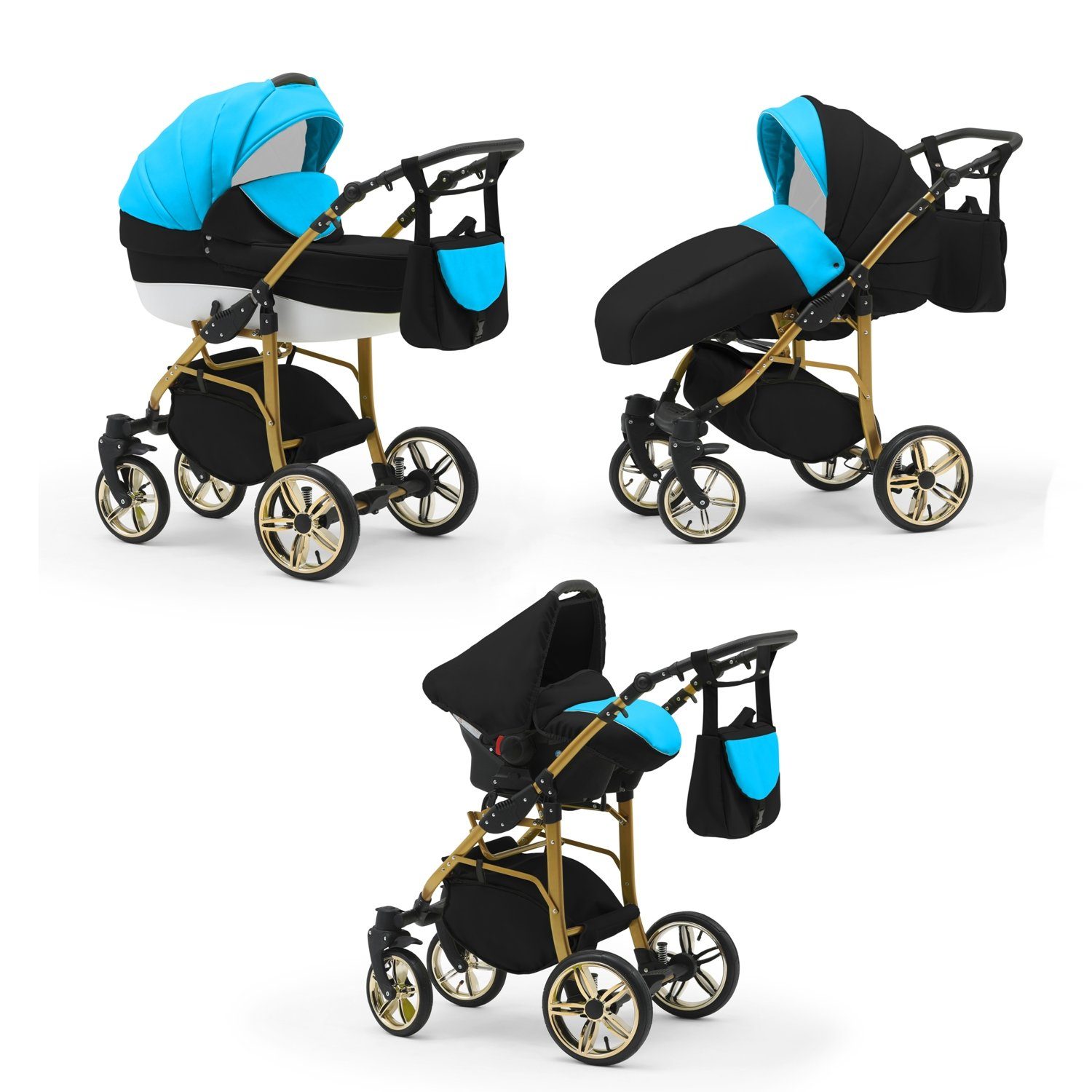 babies-on-wheels Kombi-Kinderwagen 3 in 1 Kinderwagen-Set Cosmo Gold- 16 Teile - in 46 Farben Schwarz-Türkis-Weiß