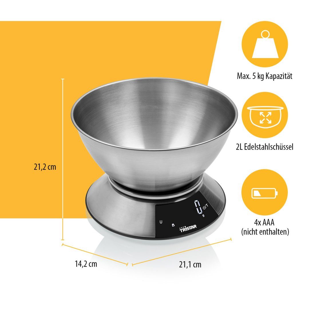 Tristar Küchenwaage Tristar KW-2453 Küchenwaage – Präzise – 2L Messbecher, Maximale Kapazität 5 kg - 2 L Messbecher