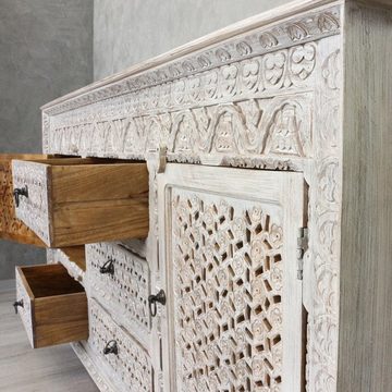 Oriental Galerie Unterschrank Weiß Whitewash Sideboard Tamani Indien 195cm Kommode, Massivholz, Wohnzimmer