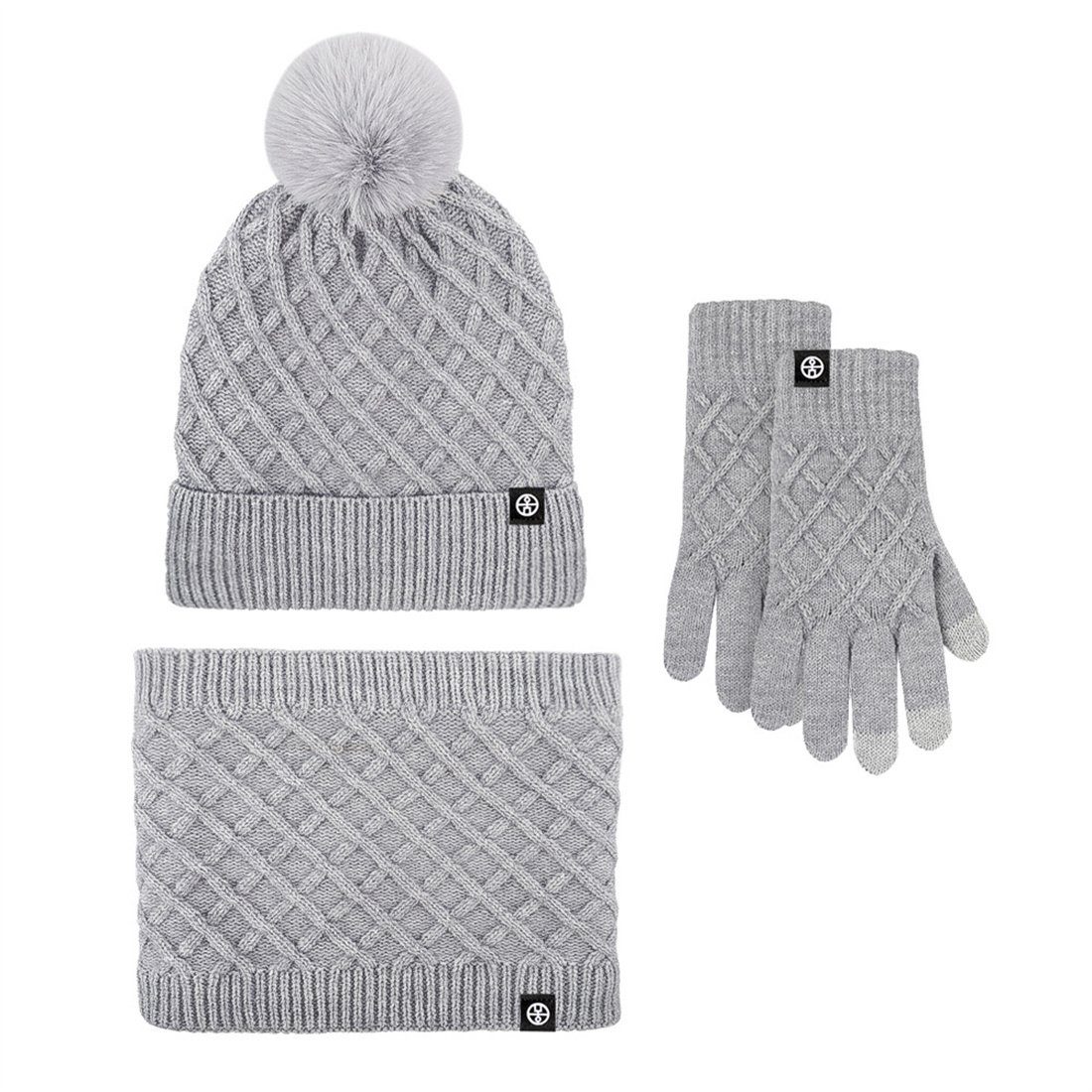 DÖRÖY Strickmütze Winter gepolstert Warm Mütze Schal Handschuhe 3 Stück, Warm Set Grau