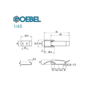 GOEBEL GmbH Kastenriegelschloss 5544500145, (100 x Spannverschluss 1/45 Kappenschloss selbstschliessend, 100-tlg., Kistenverschluss - Kofferverschluss - Hebel Verschluss), gerade Grundtplatte inkl. Gegenhaken Edelstahl A2(V2A)