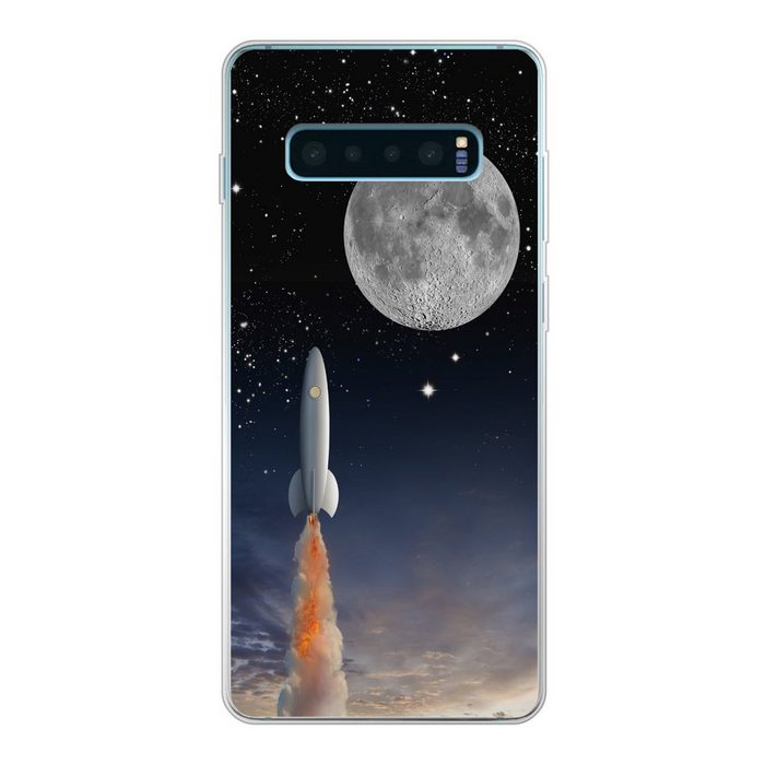 MuchoWow Handyhülle Eine Illustration der Raumfähre und des Vollmondes Phone Case Handyhülle Samsung Galaxy S10+ Silikon Schutzhülle
