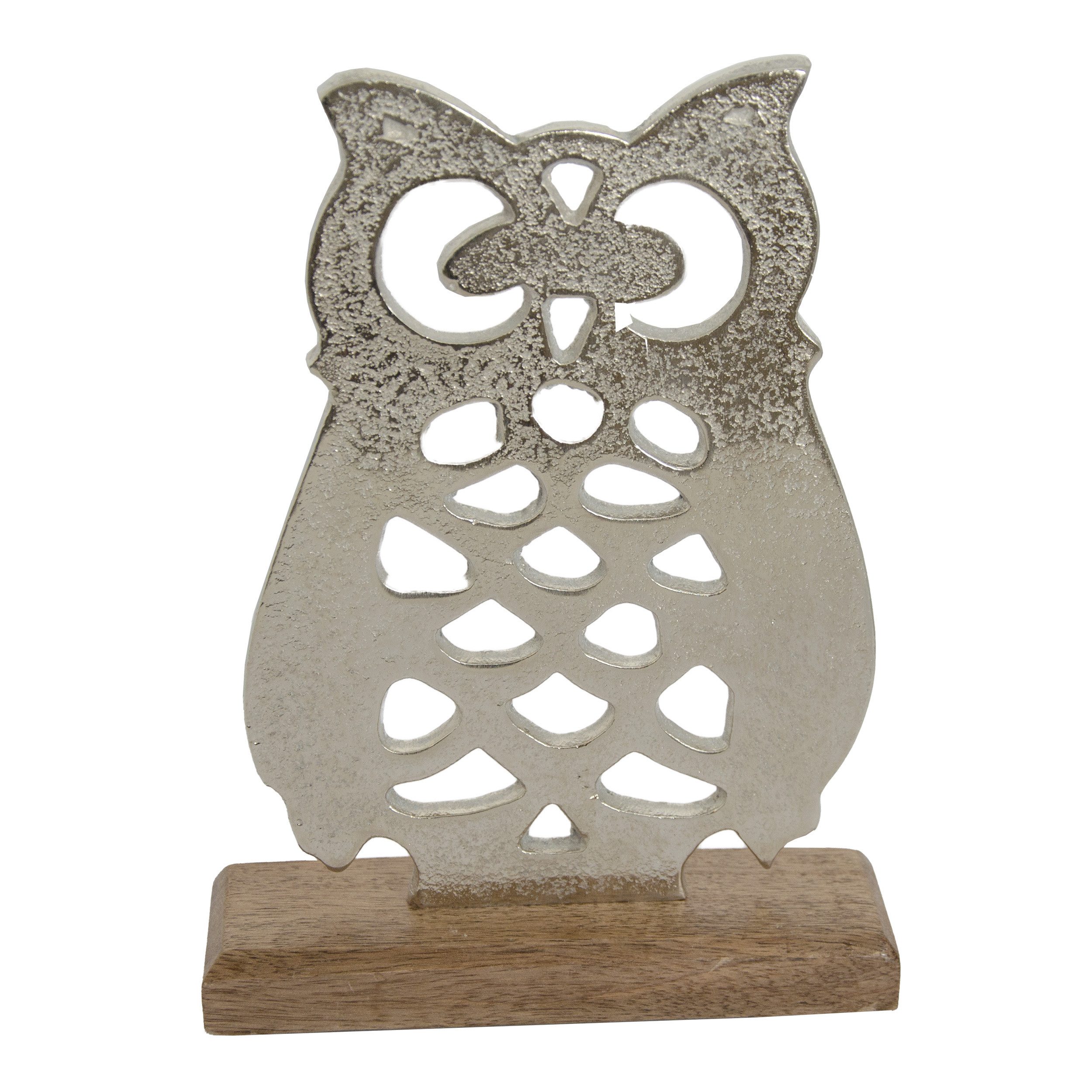 Goldbach Dekofigur Deko Eule aus Aluminium mit Holzsockel H 25 cm