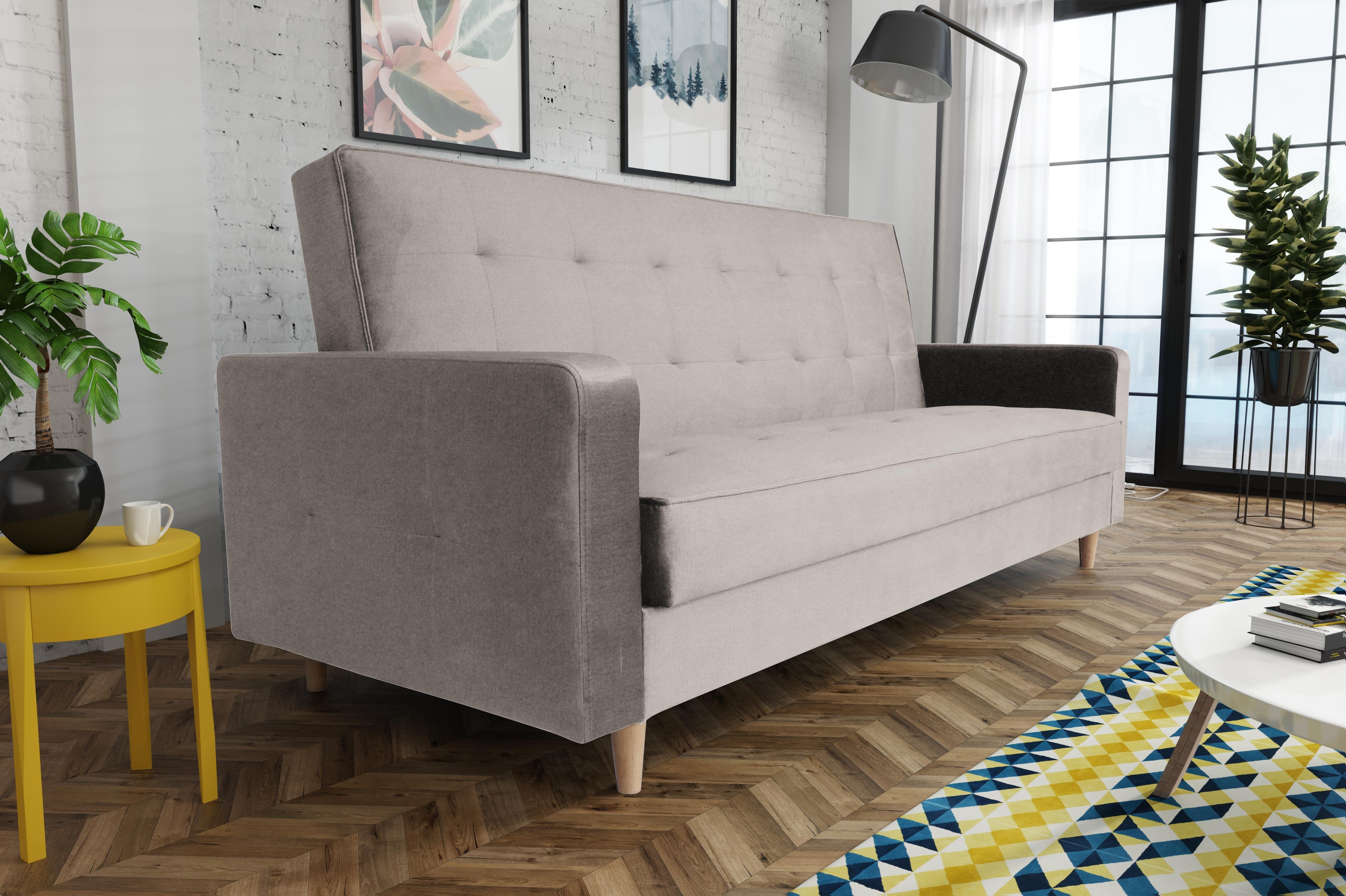 Beige Schlaffunktion skandinavischen Beautysofa Couch Stil, (paros Sofa Polstersofa Schlafsofa im mit mit Holzbeine Bettkasten, Bamako, 02) und