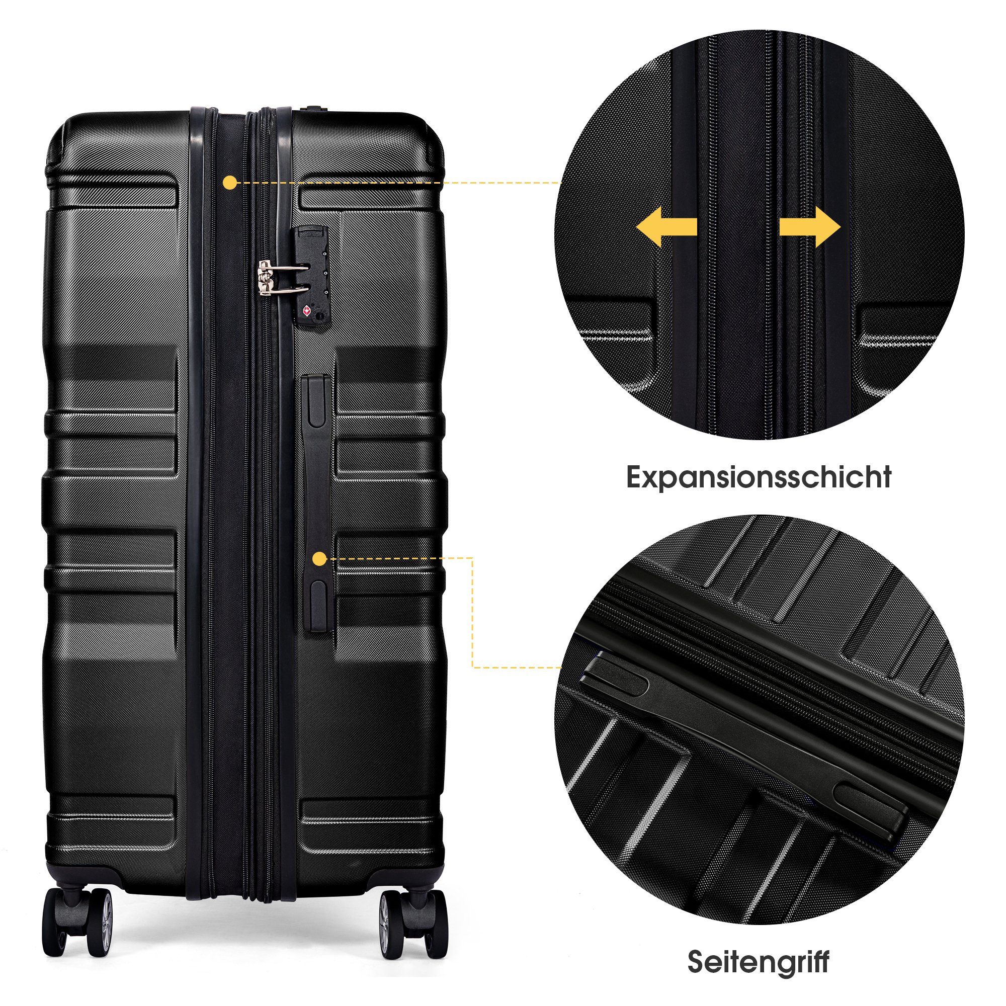 Ulife Kofferset schwarz, Hartschalen-Trolley, Zahlenschloss, 360° Aufgabegepäck, verstellbarer Rollen, (1 Rollen, 4 tlg), TSA Griff