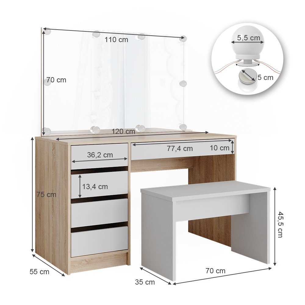 Vicco Schminktisch Sherry, Weiß/Sonoma/Sonoma, 120 cm mit LED Beleuchtung und Bank (3-St)