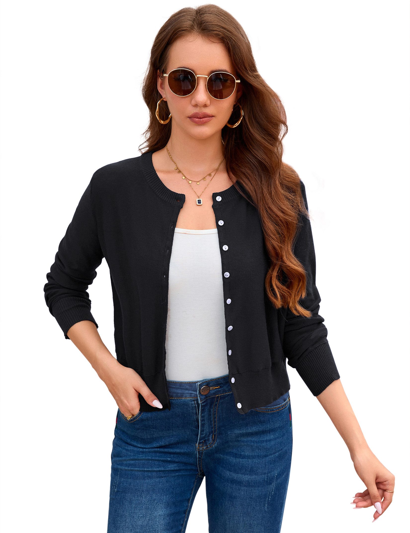 MODISFRAU Bolero Damen Langarm Knit Cardigan mit Knöpfen,Leichte Übergangsjacke