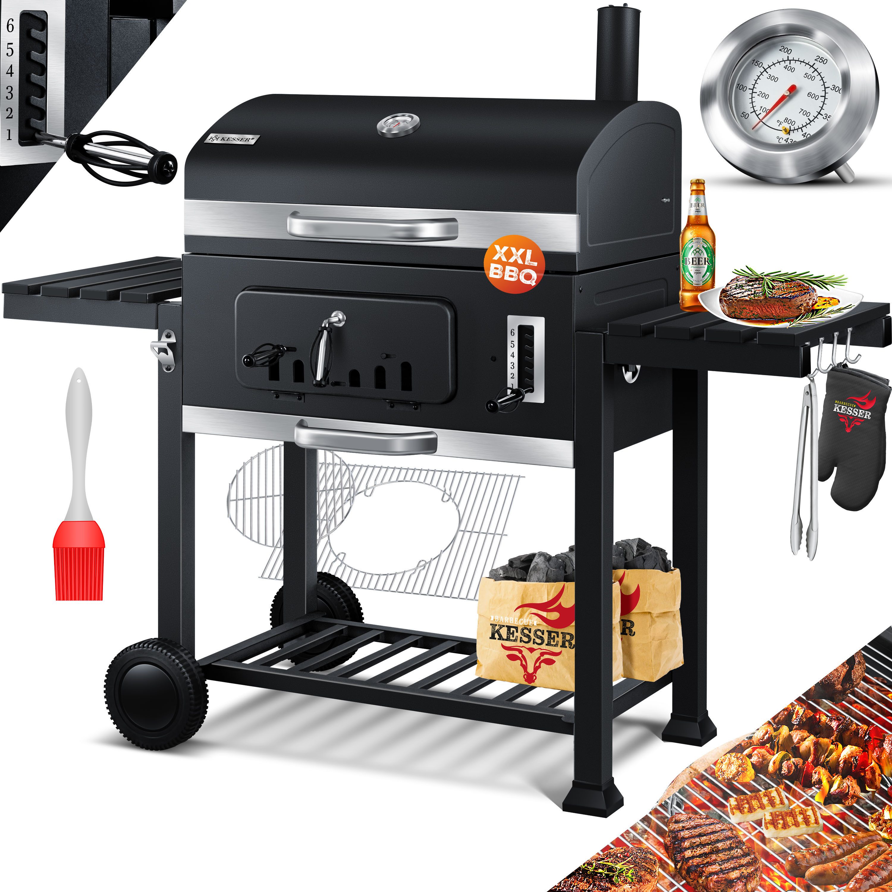 KESSER Holzkohlegrill Grill Grillwagen BBQ Smoker XXL Holzkohlegrill mit Deckel, Rädern, Edelstahl-Griff, Grillrost und Thermometer Standgrill Kohlegrillwagen