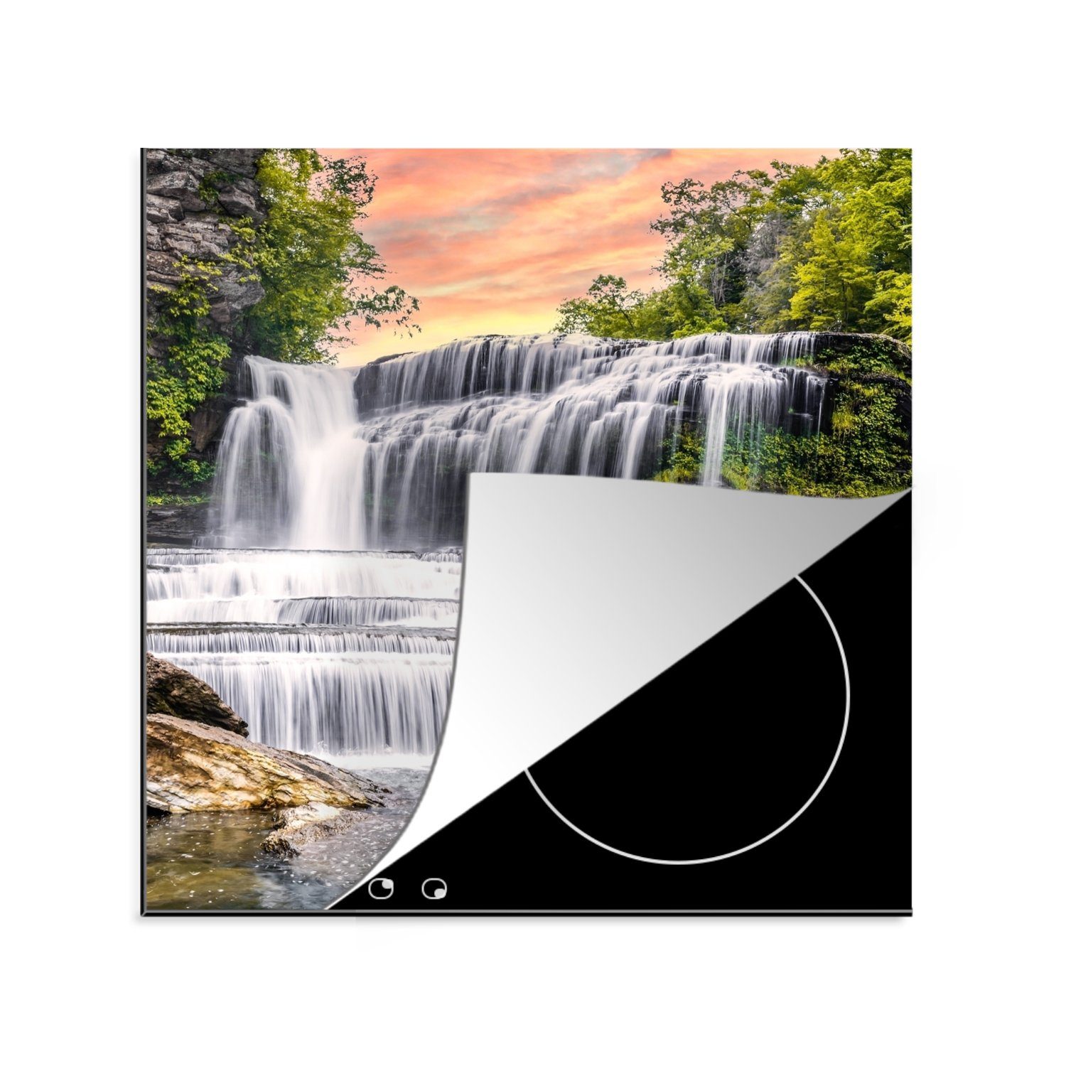 MuchoWow Herdblende-/Abdeckplatte Wasserfall - Wasser - Steine - Pflanzen - Natur, Vinyl, (1 tlg), 78x78 cm, Ceranfeldabdeckung, Arbeitsplatte für küche