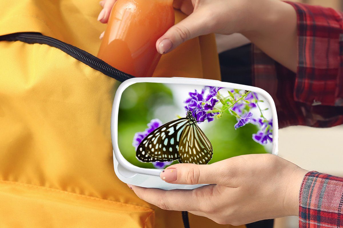 MuchoWow Lunchbox für - Erwachsene, weiß Jungs Kunststoff, - und Schmetterling Botanisch, Kinder Brotbox für Lavendel (2-tlg), und Brotdose, Mädchen