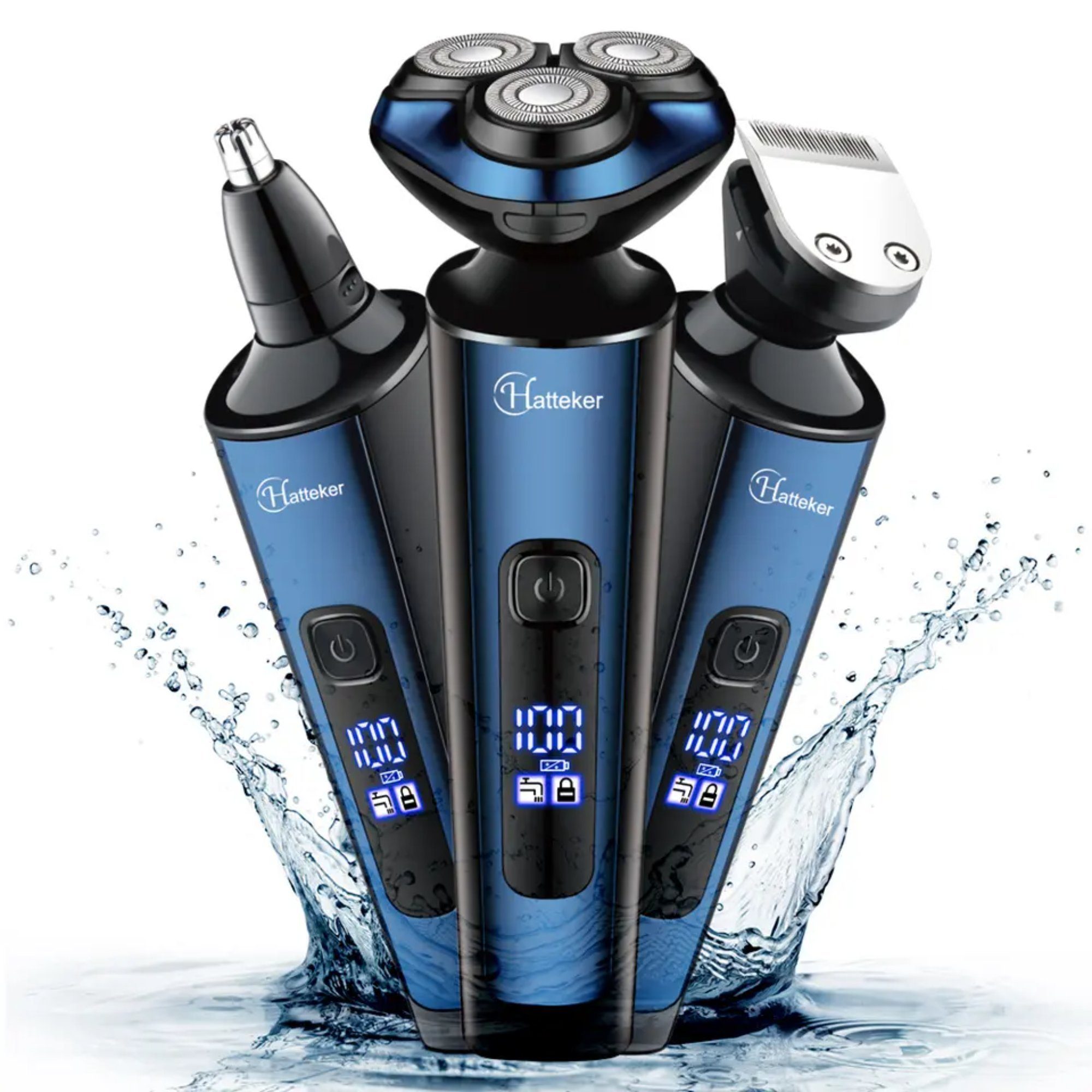 HATTEKER Beauty-Trimmer 3-in-1-Multifunktionswasserdichter Elektrorasierer, Zeit nutzen 60 Minuten, IPX7, Nass und Trockenrasur Blau