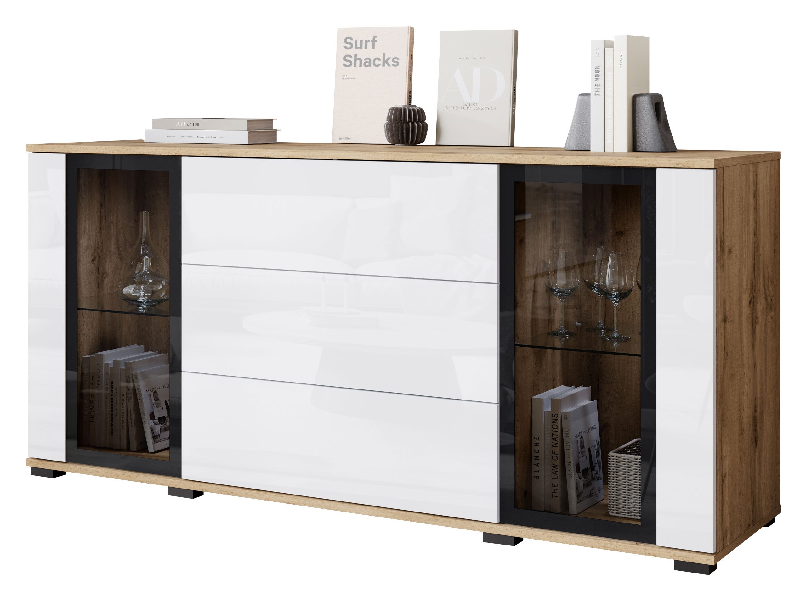 MIRJAN24 Kommode Caro SB 150 2D3S (mit zwei Drehtüren drei Schubladen), Fronten und Einlegeböden aus gehärtetem Glas