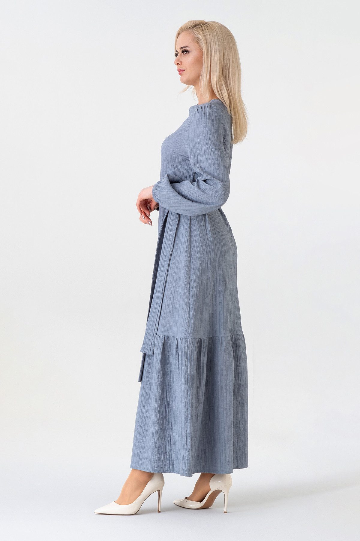 fashionshowcase Maxikleid Damen Crinkle Kleid mit Gürtel, Ballonärmel, 140 cm, Gr. 36–46 Mit Bindegürtel in Taille und dezentem Volant am Saum