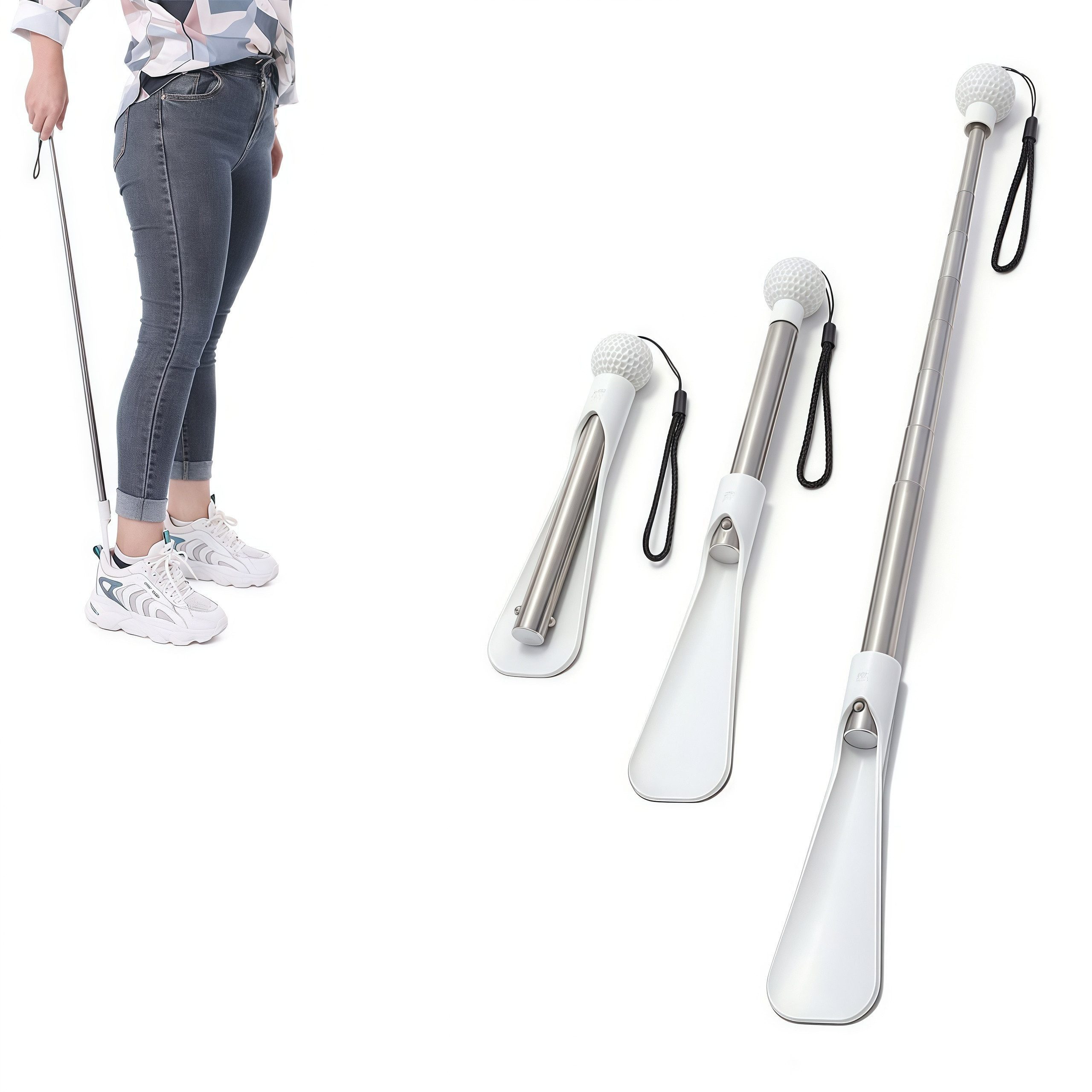 FOUORTUNATE-BEE Schuhlöffel Teleskop-Schuhanzieher aus Edelstahl 18–92 cm mit Kugelgriff, Langer Schuhanzieher mit komfortablem Griff für bequemes Anziehen