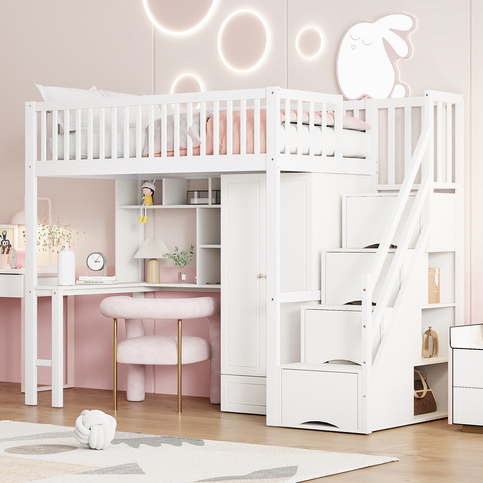 Flieks Hochbett Etagenbett 90x200cm mit Kleiderschrank, Treppe, Schreibtisc günstig online kaufen