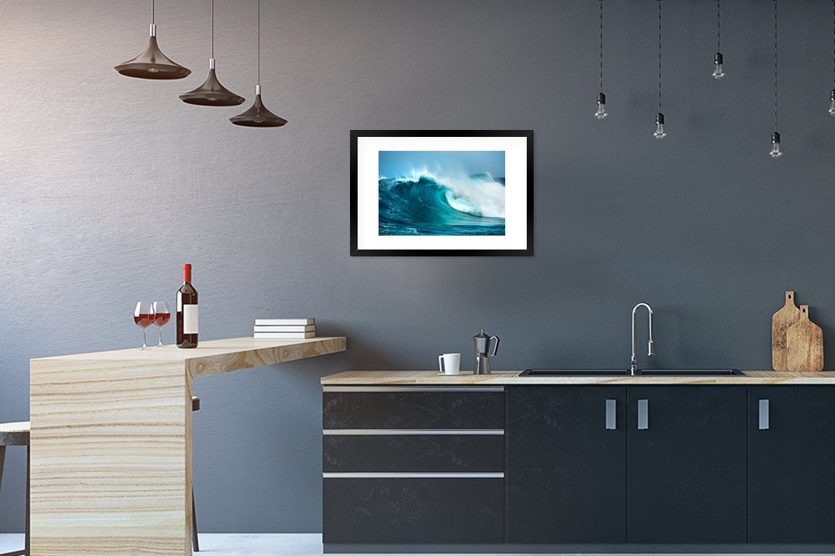 Schwarzem Poster, Kunstdruck, - Golf Ozean Blau, MuchoWow (1 Rahmen, Gerahmtes mit Poster Bilderrahmen St), -