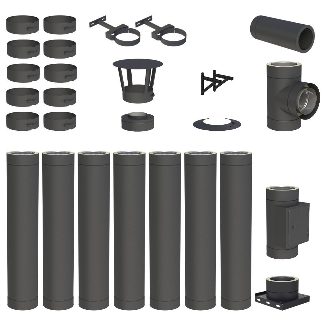 Jeremias Schornstein 7, 6 m EdelstahlSchornstein Ø180mm Komplettset DW DW-Black Wandmontage, Ø 180 mm