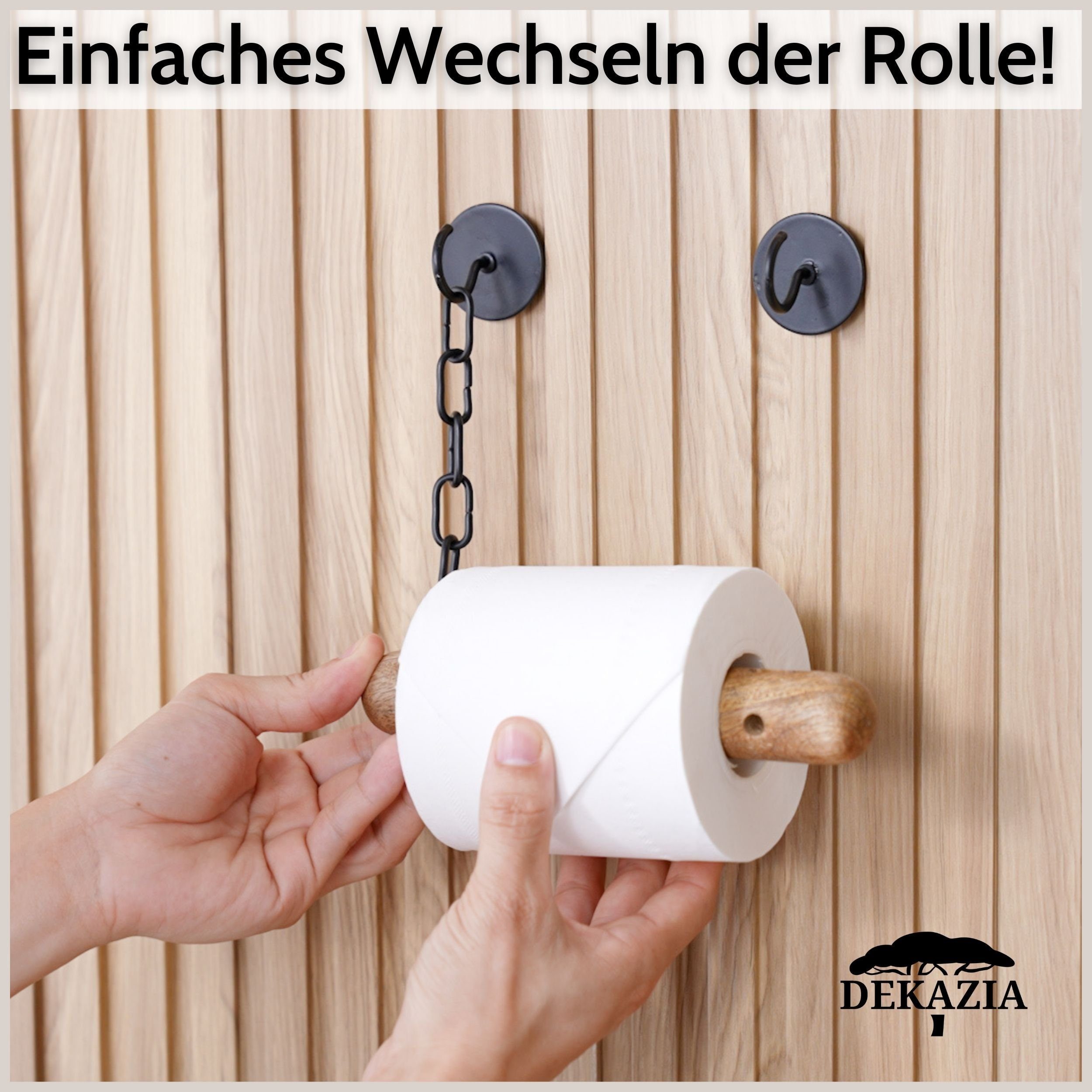 DEKAZIA Toilettenpapierhalter ohne Bohren, WC Papierhalter selbstklebend, Klorollenhalter Holz (Holz und Edelstahl, 5 Modelle, inkl. Klebepads / Montagematerial – Bild 4 von 5
