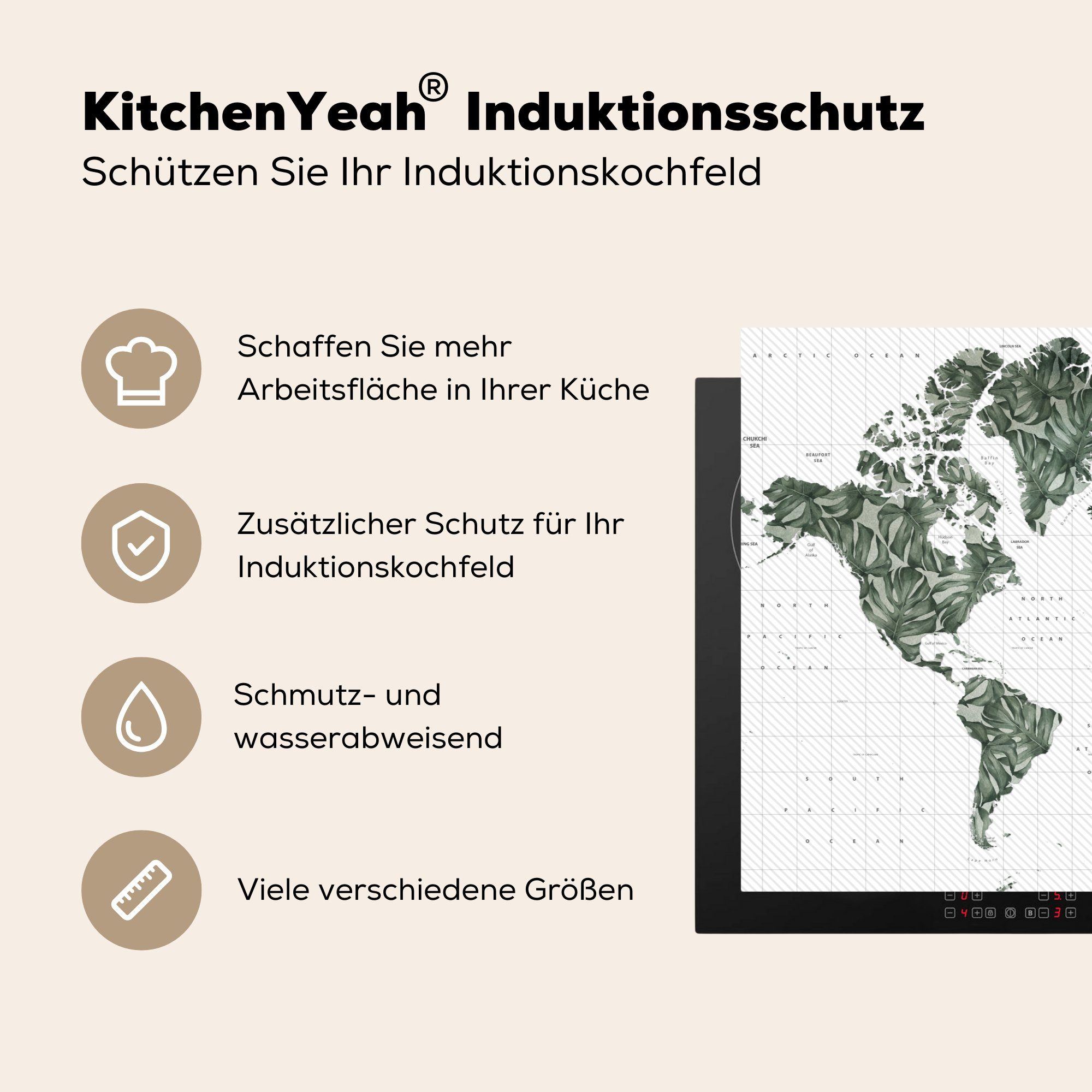 küche, Weltkarte Blätter Vinyl, (1 - Herdblende-/Abdeckplatte cm, tlg), Ceranfeldabdeckung die Induktionskochfeld Schutz Tropisch, - für 81x52 MuchoWow