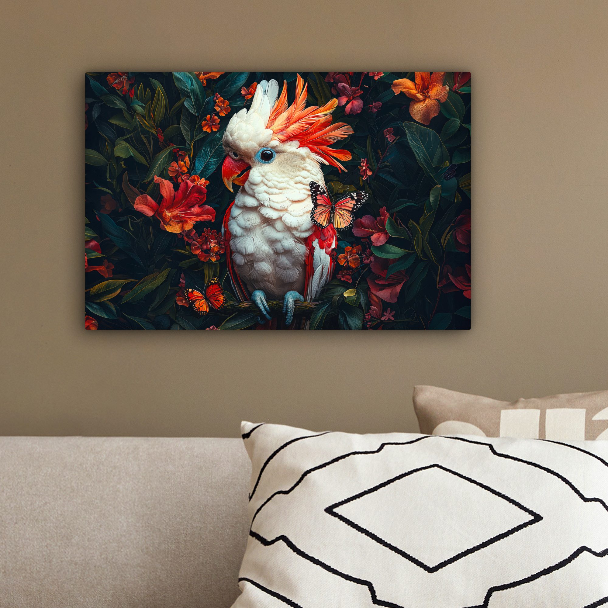 OneMillionCanvasses® Leinwandbild Kakadu - Schmetterlinge - Blumen - Federn - Tier, Fotodruck (1 St), Leinwand Bilder Klein, Wand Dekoration Aesthetic 30x20 cm – Bild 4 von 5