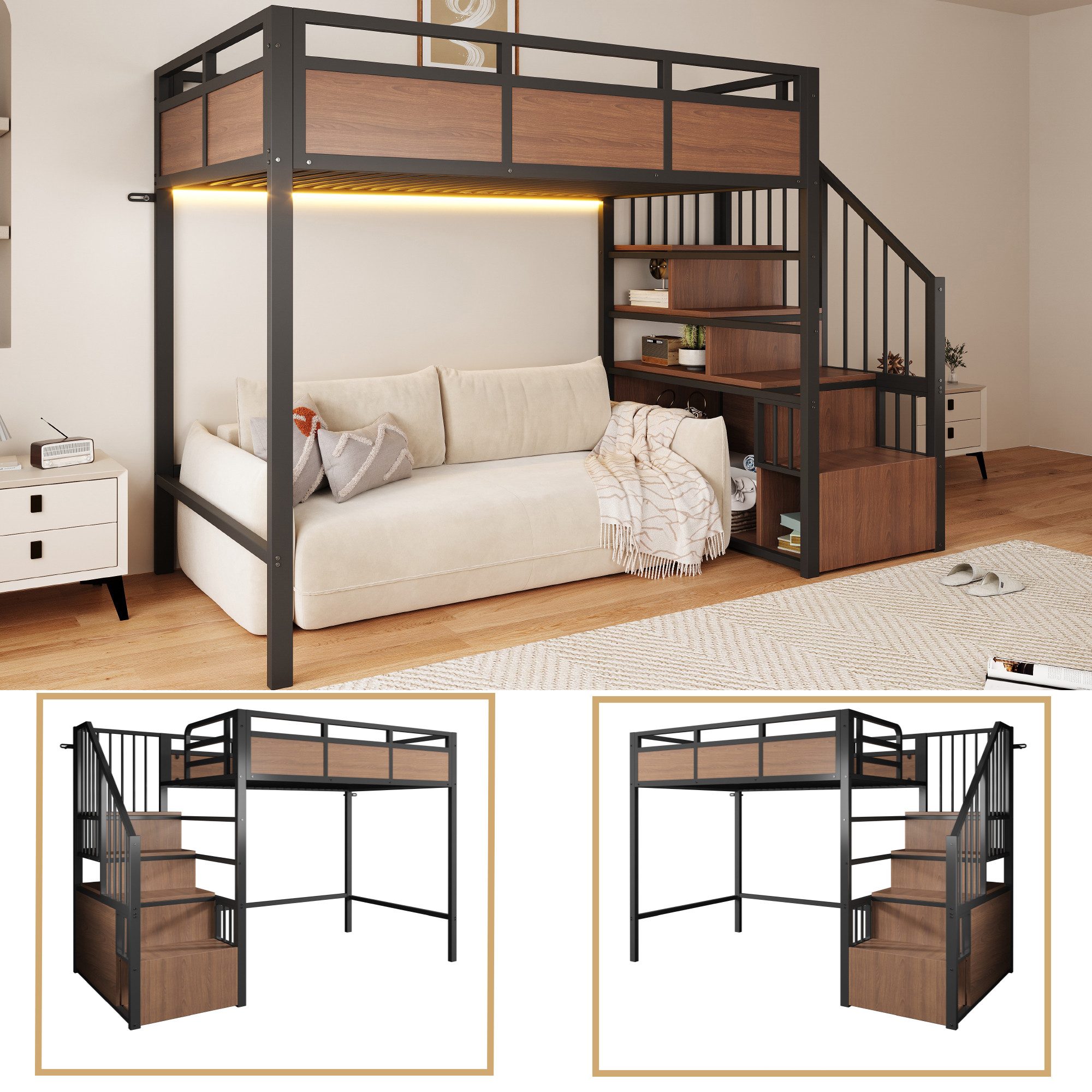 Flieks Hochbett Metallbett 90x200cm LED-Leiste & Stauraumtreppe(beidseitig montierbar)