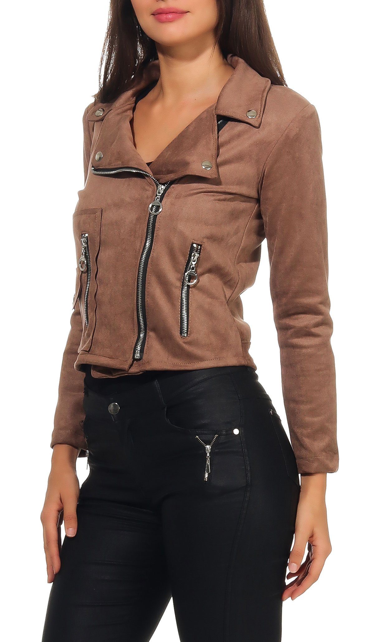 malito more than fashion Lederimitatjacke malito Damen Jacke, Velours Jacke, Biker Jacke mit Reißverschluss, Bikerjacke Slim Fit mit Reversekragen