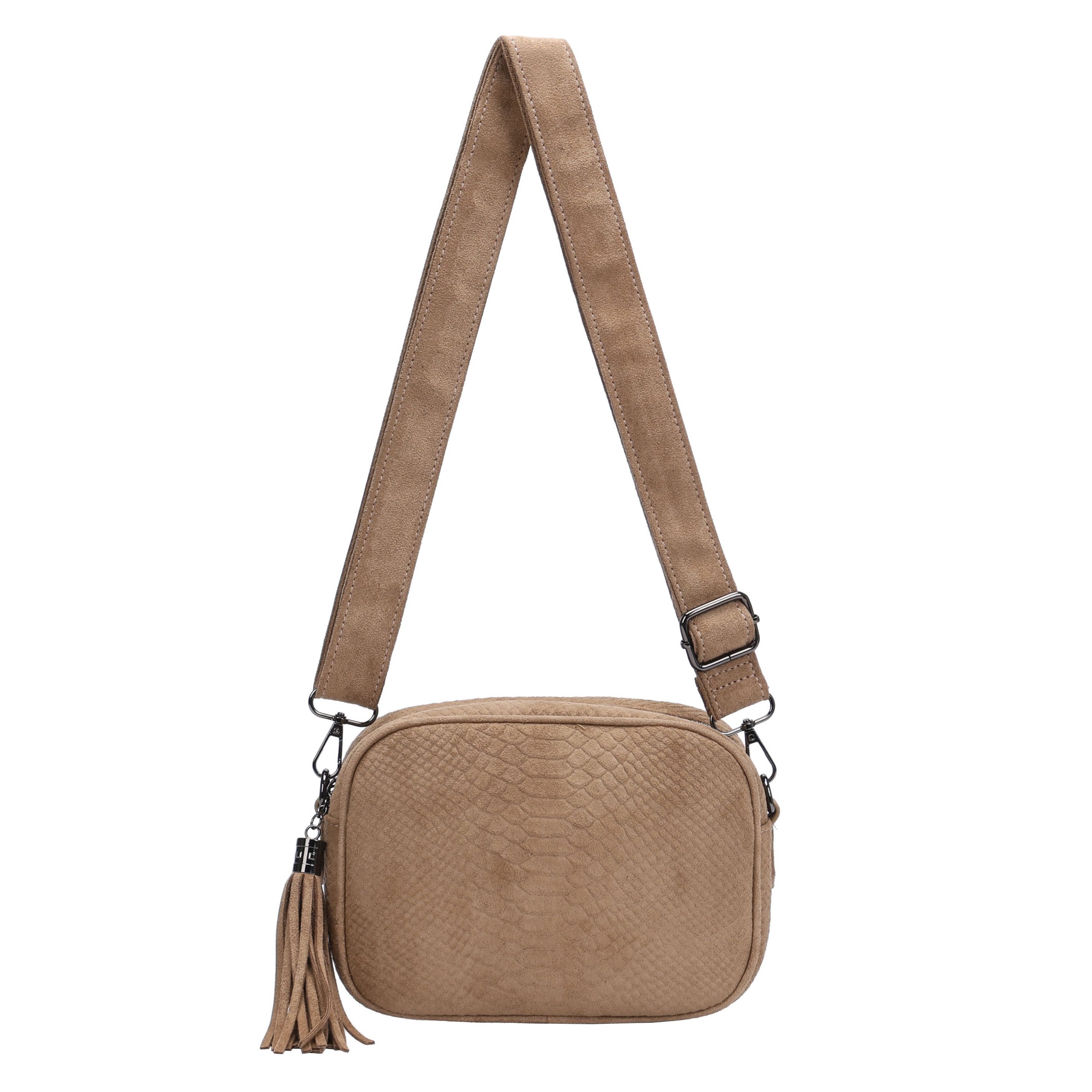 MIRROSI Umhängetasche Damen Schultertasche in Wildleder-Optik aus Stoff (Neue Kollektion Herbst/Winter 2026, ca. 22x7x16 cm), mit Reptil-Prägung, Quaste & verstellbarem Riemen
