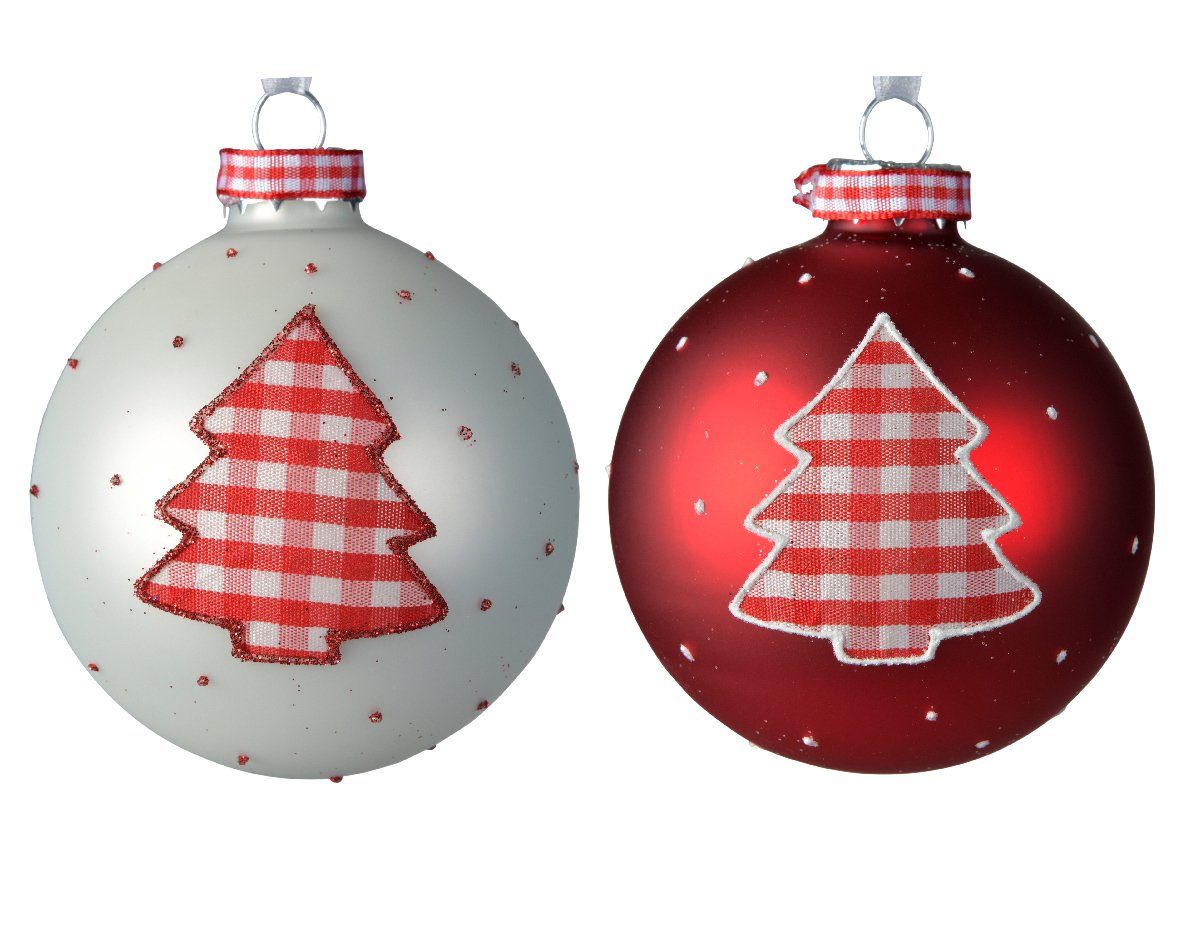 12er Tannenbaum rot 8cm / Decoris decorations Weihnachtsbaumkugel, Set Weihnachtskugeln season Glas weiß Motiv mit