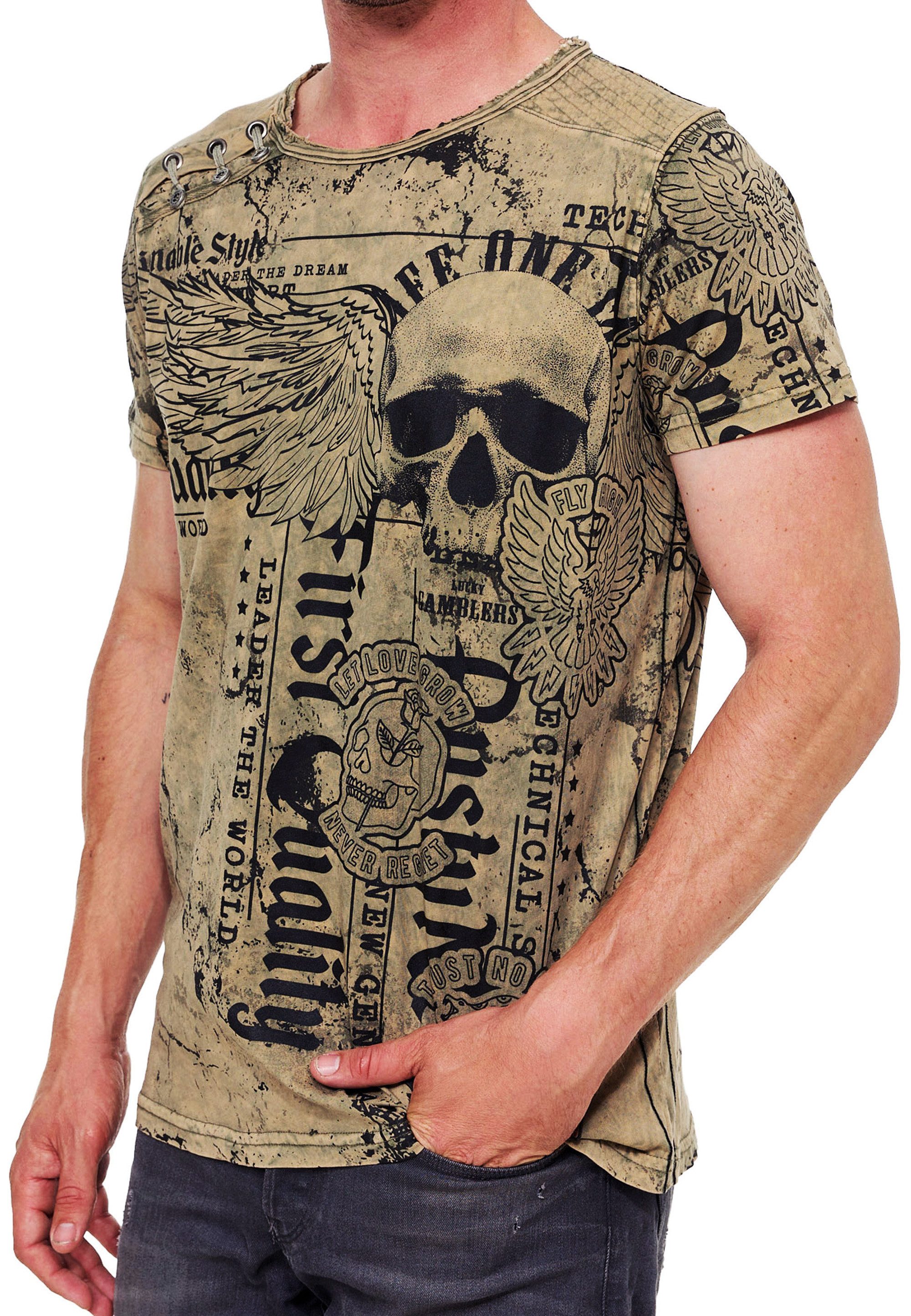 R-NEAL T-Shirt Skull Print Oil Washed günstig online kaufen
