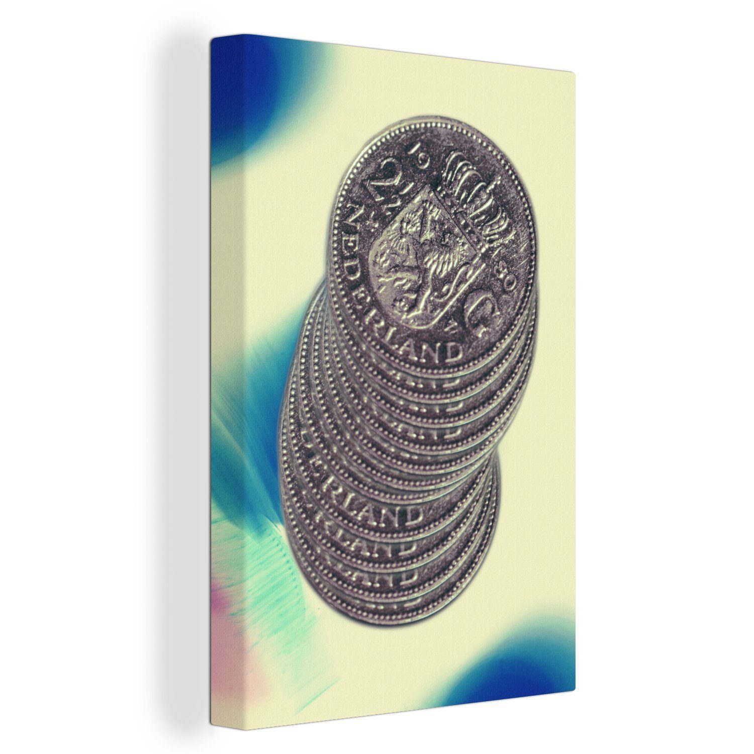 OneMillionCanvasses® Leinwandbild Ein Stapel niederländischer Rijksdaalder-Münzen aus der Guldenzeit, (1 St), Leinwandbild fertig bespannt inkl. Zackenaufhänger, Gemälde, 20x30 cm