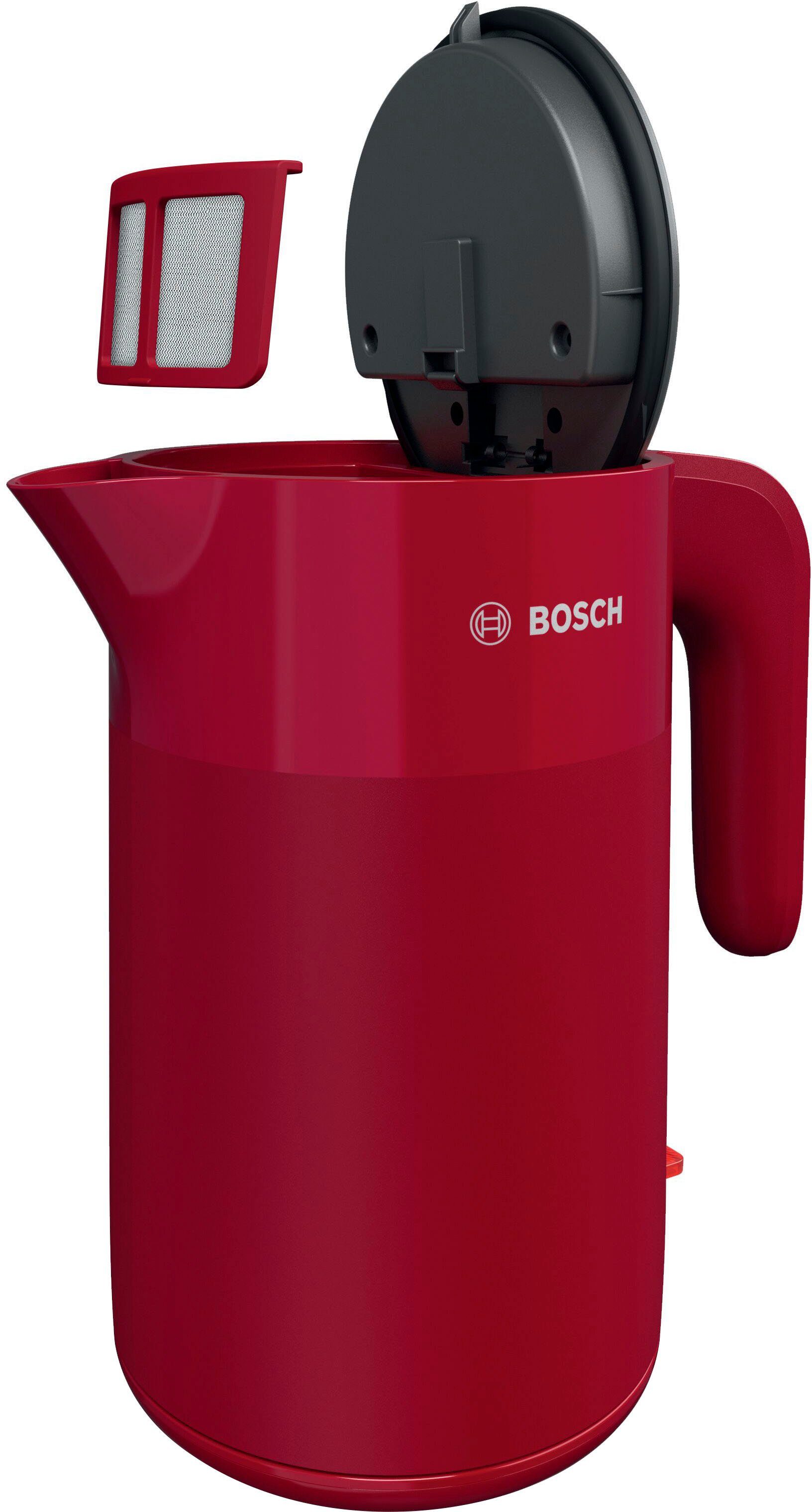 BOSCH Wasserkocher MyMoment TWK2M164, Abschaltautomatik, Überhitzungschutz, Tassenanzeige, 1,7 l, 2400 W, Stiftung Warentest Testsieger (2,2) Ausgabe 03/2025, rot matt