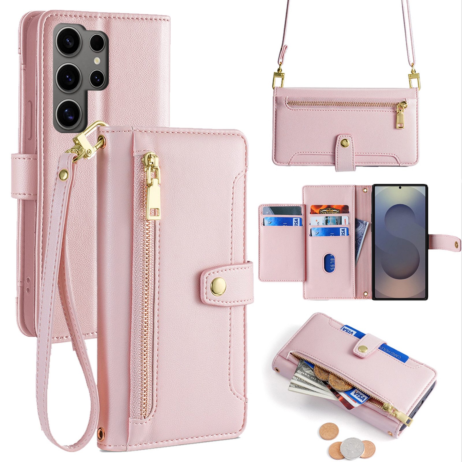 betterfon Handykette für Samsung Galaxy S25 Ultra mit Band Kartenfächer PU Leder Rosa, Hände frei – mit Silikonhülle & Schnur für flexiblen Alltag