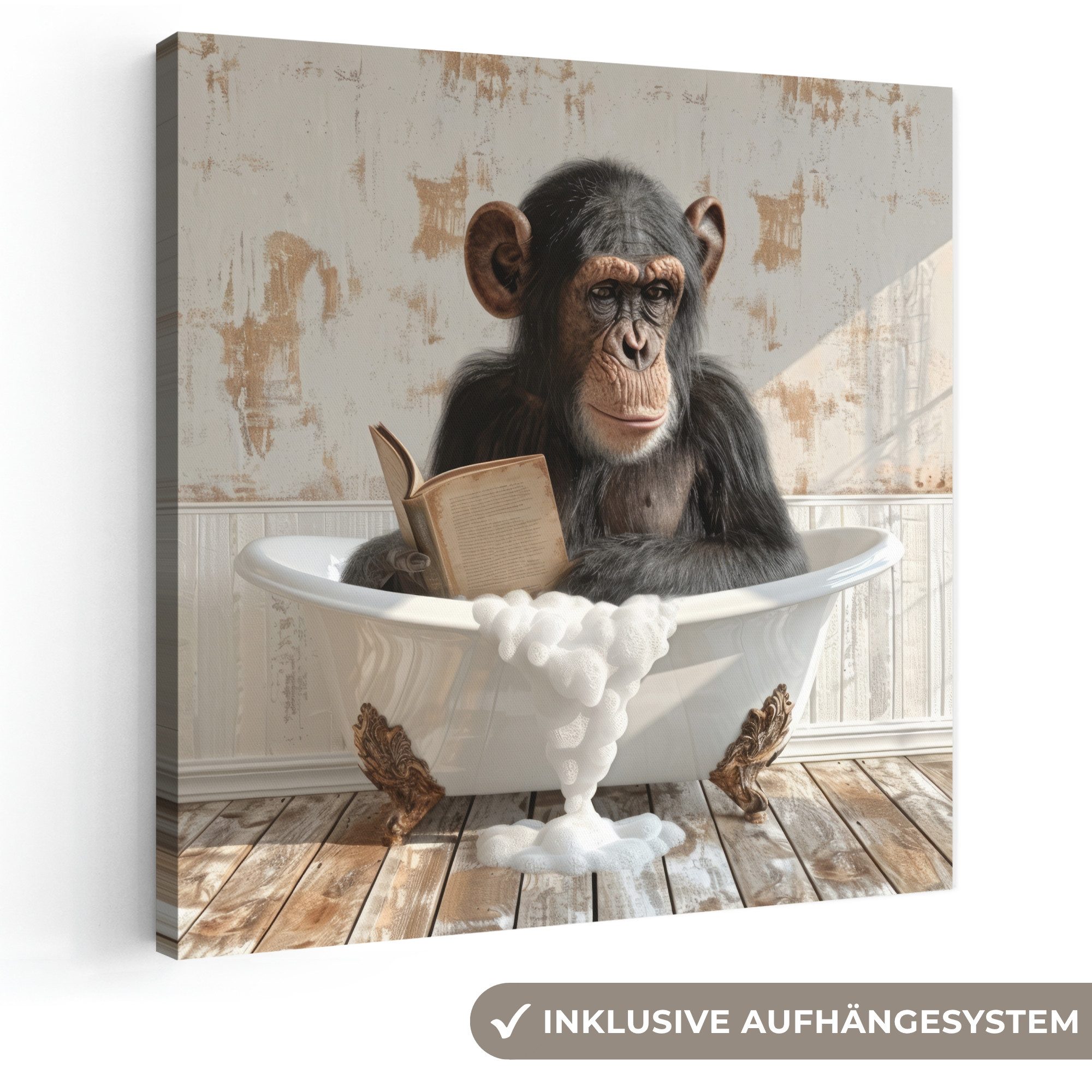 OneMillionCanvasses® Leinwandbild Vintage - Affe - Badewanne - Schaumstoff - Tier, Fotodruck (1 St), Wandbild, Deko Schlafzimmer Wohnzimmer Flur 20x20 cm