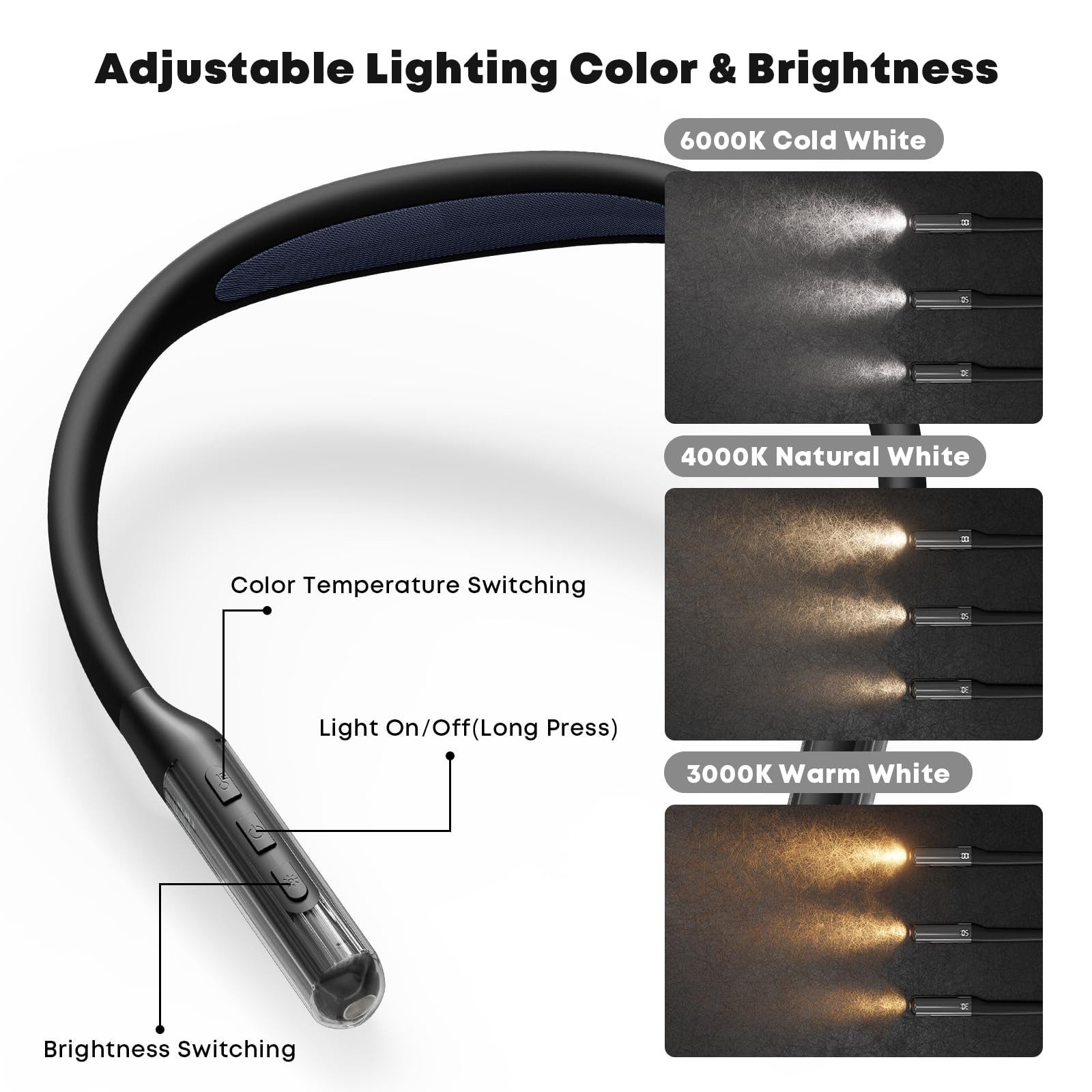 LQWELL LED Leselampe Wiederaufladbare Neck Reading Light LED Buchlampe Biegbare Arme, LED fest integriert, Hals Leselampe 3 Farben und 3 Helligkeiten Einstellbar, für Lesen Häkeln Nähen Reparieren Stricken