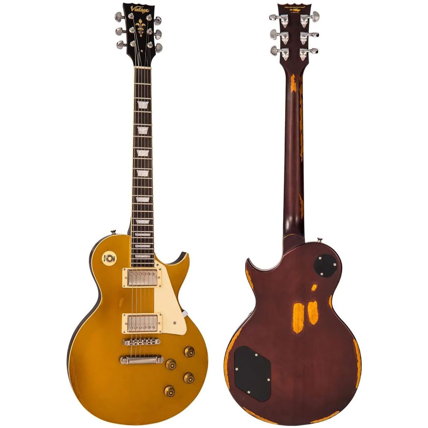 Vintage Guitars E-Gitarre Vintage E-Gitarre V100MRGT Icon Distressed Gold mit Tasche und Kabel, Analog, 1-St., E-Gitarre, Vorteils-Set mit Tasche und Kabel