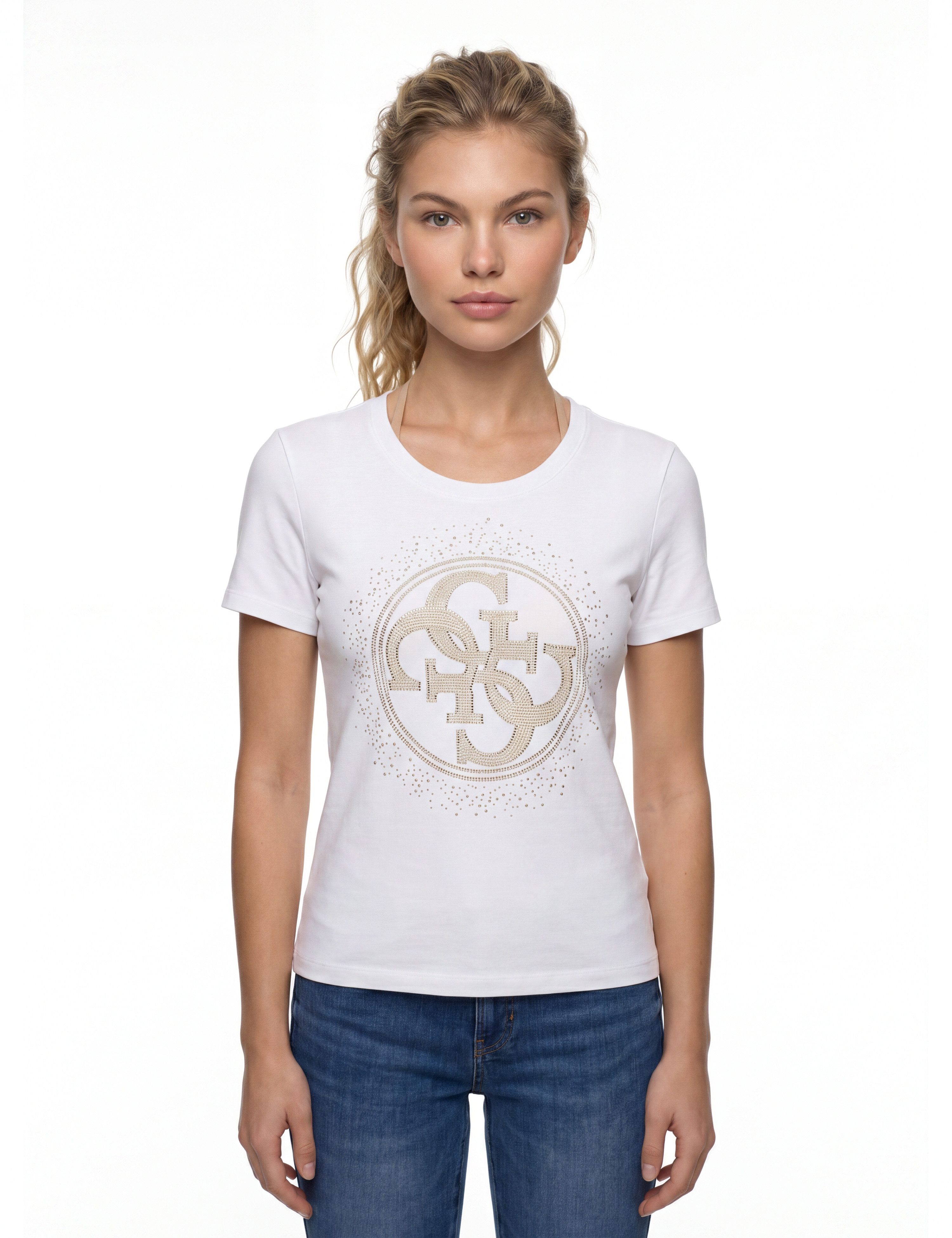 Guess T-Shirt CN 4G ROUND CRYSTALS LOGO mit markantem Logodesign, Regular Fit