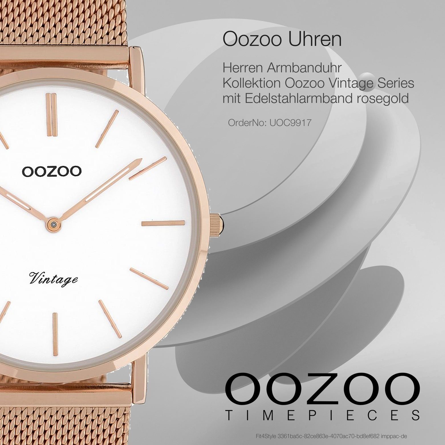 OOZOO (ca. 40mm) Oozoo rosegold, Herrenuhr Fashion-Style rund, Herren-Uhr groß Quarzuhr Edelstahlarmband,