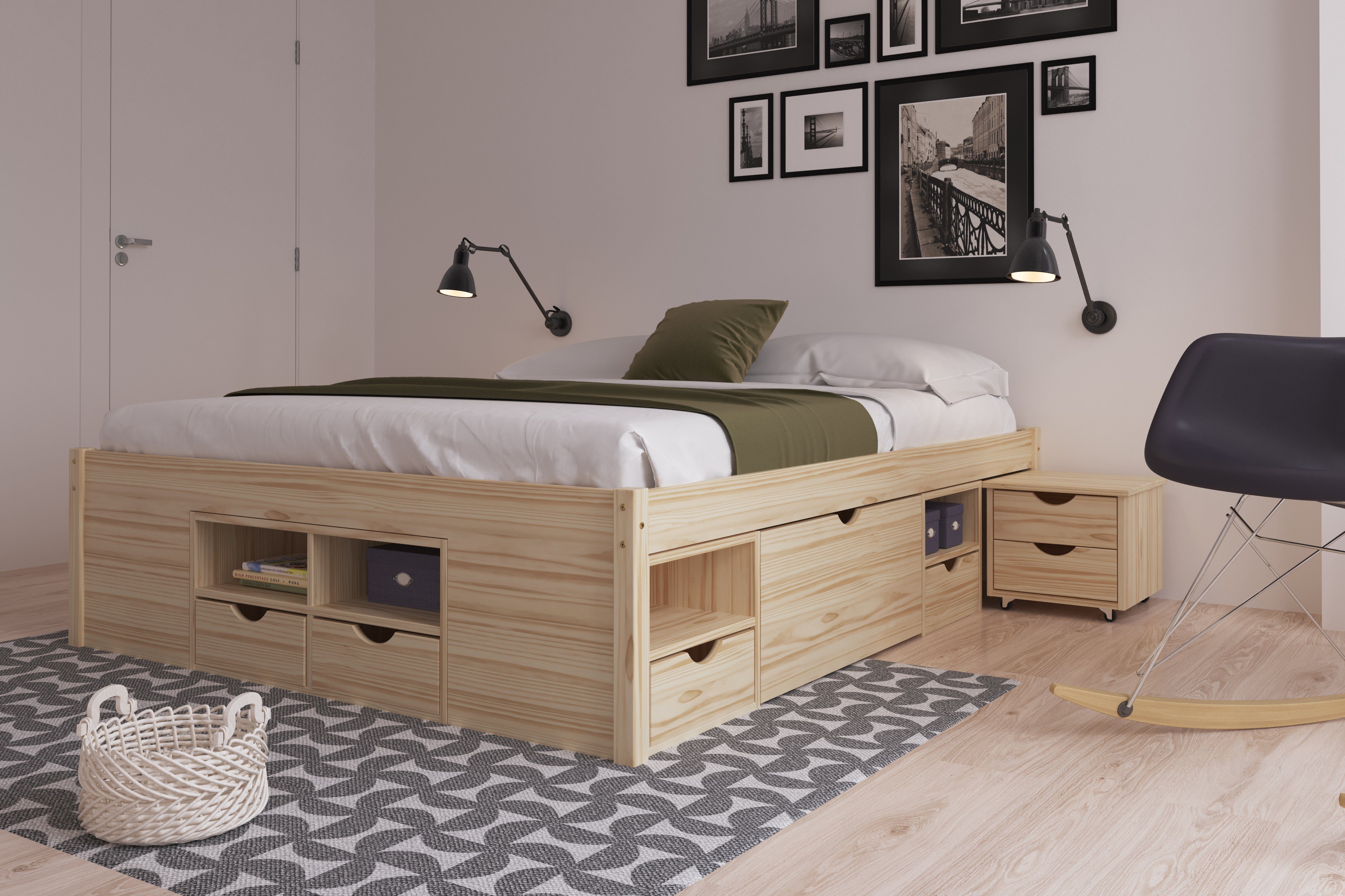 Inter Link Funktionsbett Till, aus massivem Holz, mit Rollrost, mit Nachtkommode, 4 Farben