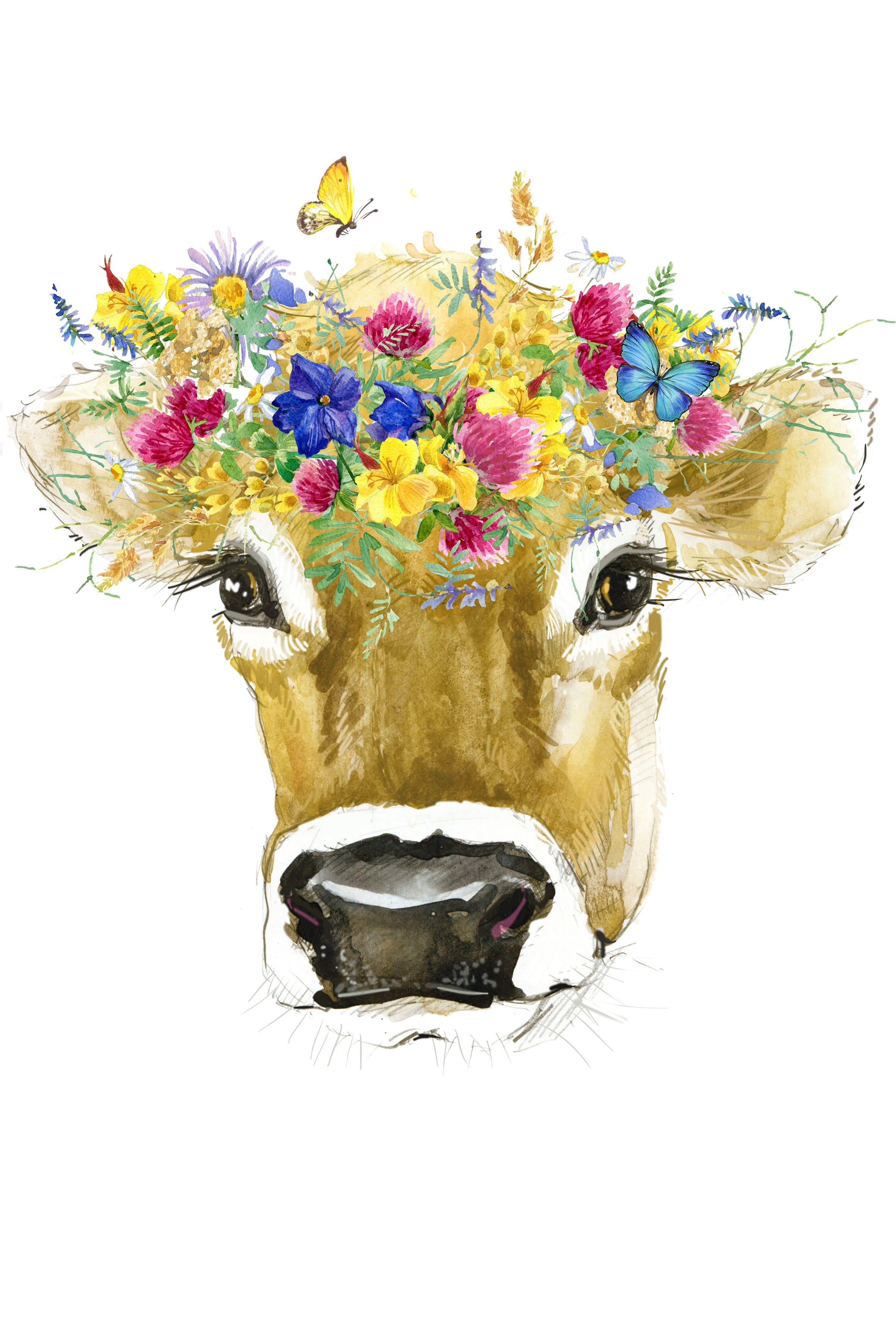 queence Leinwandbild Kuh, Blumen, Blumenbilder, Kuh, Kuhbilder, Kunst, Premium-Leinwandstoff, Handarbeit aus Deutschland