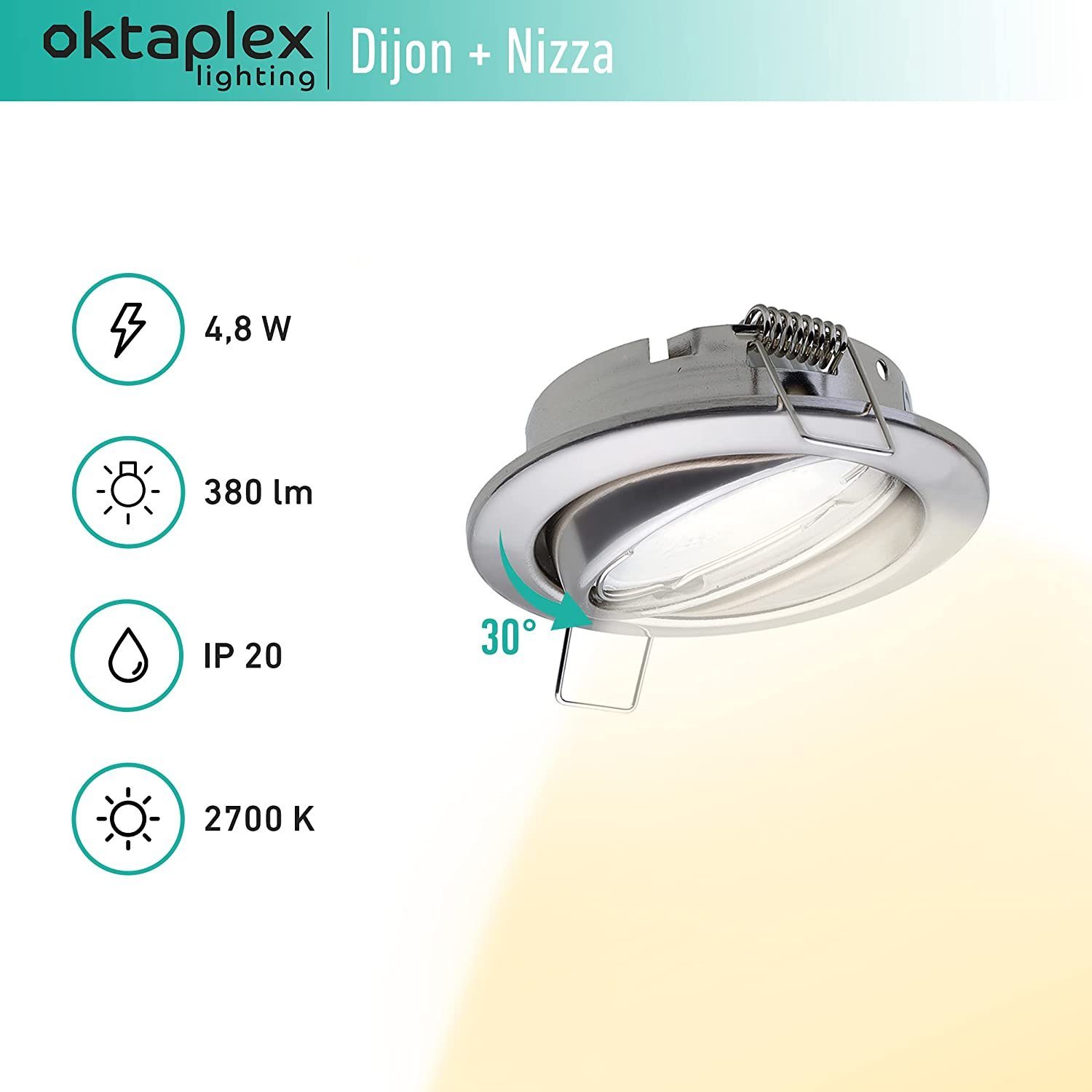 Oktaplex lighting LED Einbaustrahler 3 Stück LED Deckenstrahler flach inkl. LED Module 4,8W 380 Lumen, schwenkbar, Leuchtmittel wechselbar, warmweiß, 2700 Kelvin 230V chromfarben
