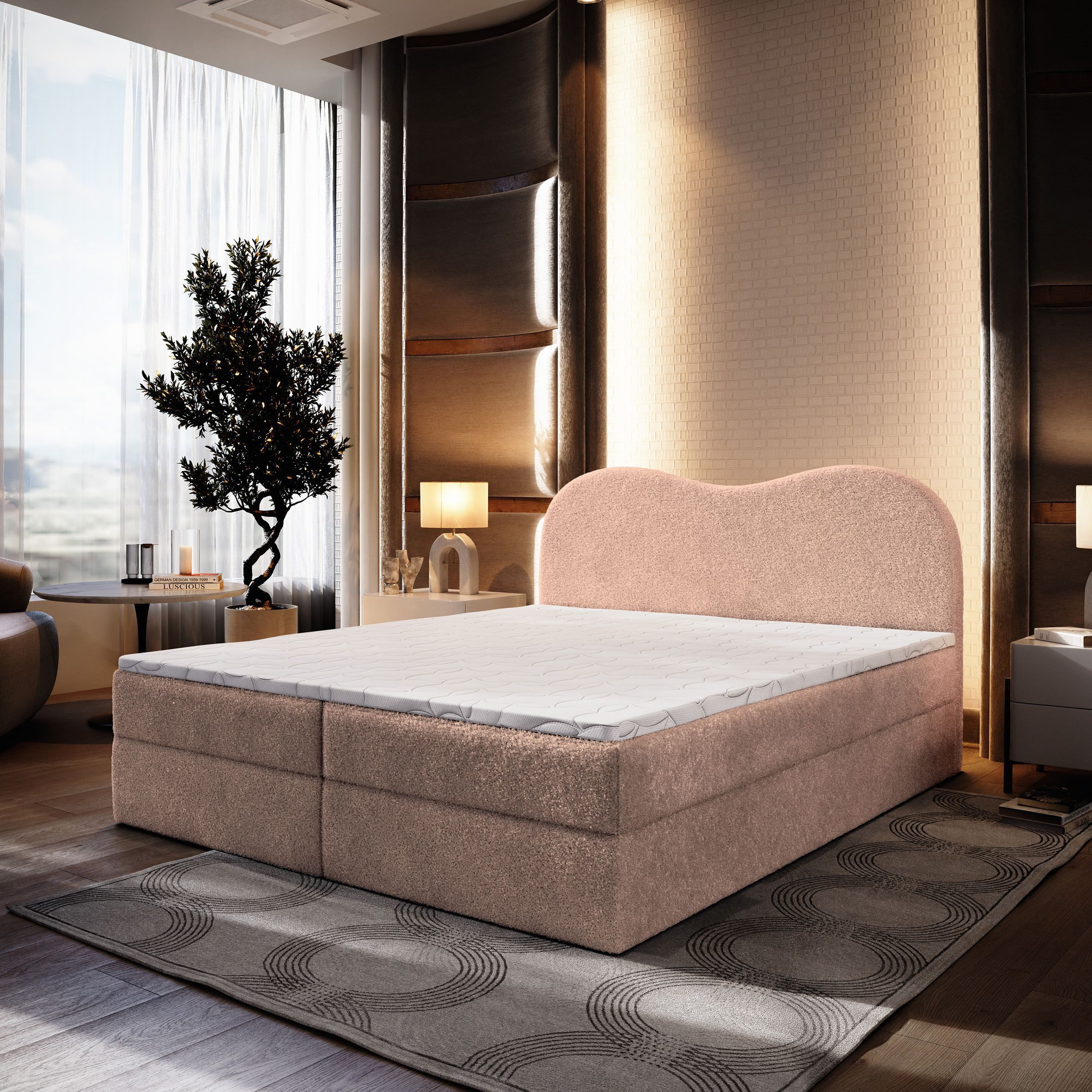 Masseno Boxbett FLUVIA 180x200 cm mit Bonell Matratze und Topper, Doppelbett, Polsterbett mit Kopfteil, Boxspringbett