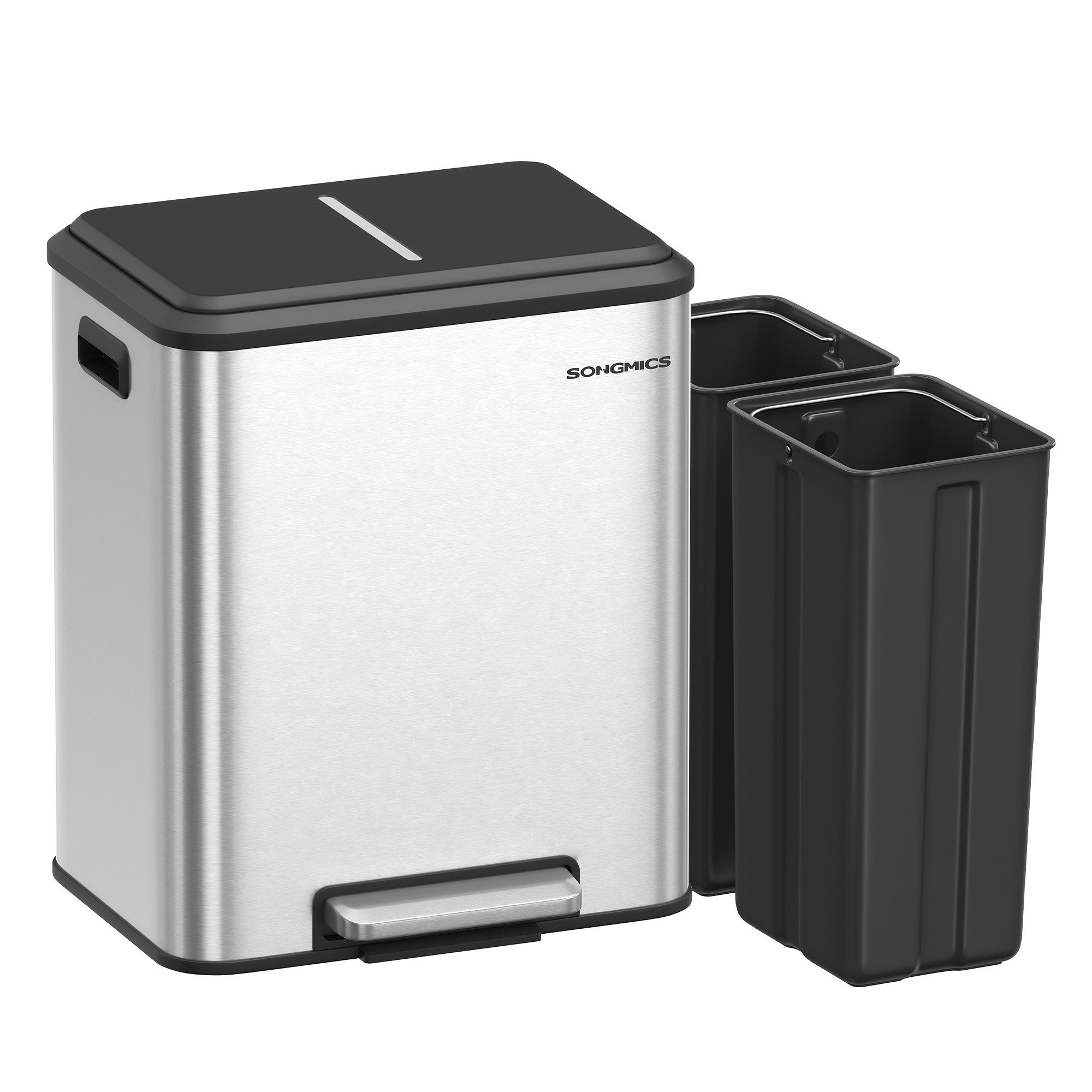 SONGMICS Mülleimer 30L Abfalleimer, Inneneimer, Stahl, Softclose-Deckel, Küche, Mülltrennsystem 2 x 15 L, 2 Fächer für Recycling und Restmüll