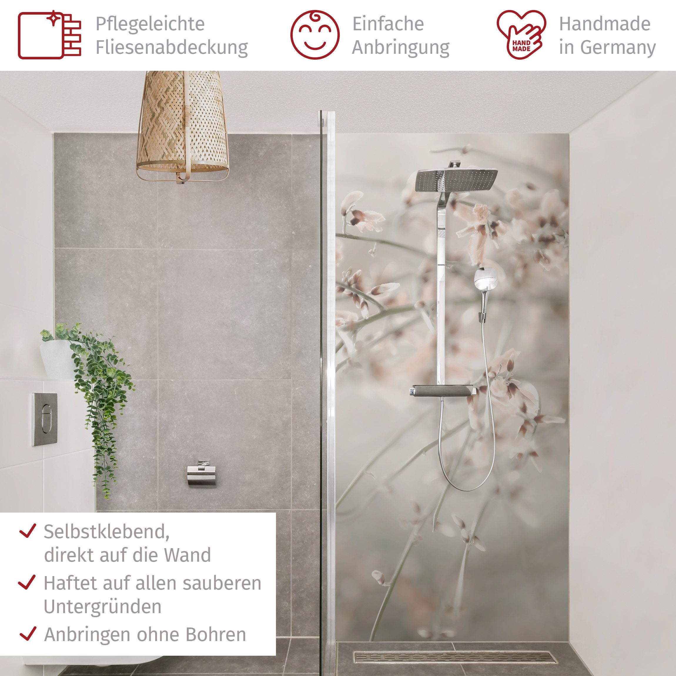 Bilderdepot24 Duschrückwand Landhausstil beige Duschrückwand ohne Bohren Tropisch, (1-tlg., 0,61 mm starke Folie selbstklebend Wandpaneele Dusche versch. Größen), fugenlose & wasserfeste Motiv Rückwand Wandverkleidung für Duschkabine