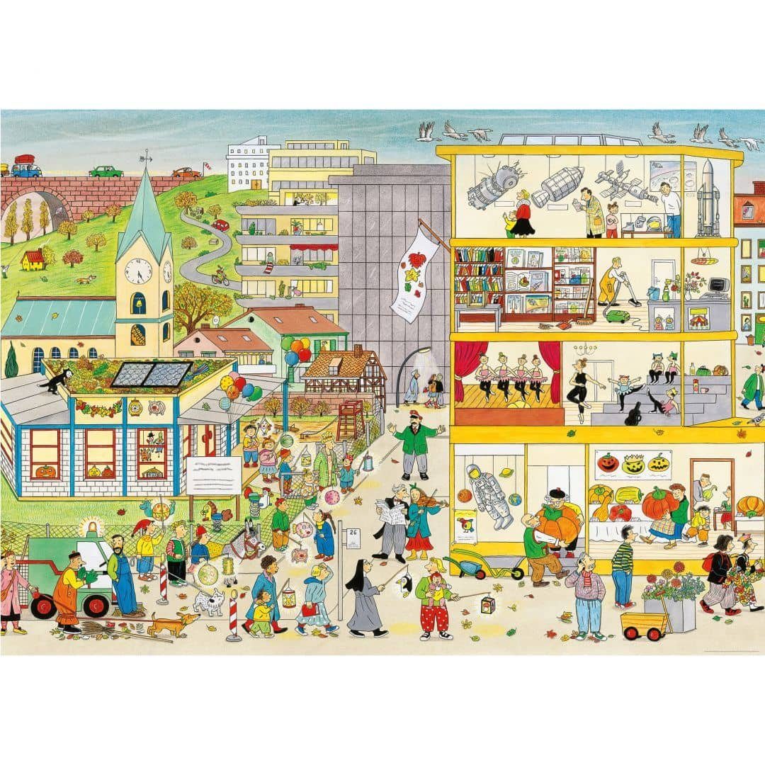 Wimmelbuch Verlag Fototapete XXL Kinderzimmer große Tapete Wimmel Kindergarten im Herbst Spielplatz, Grundschule Vliestapete