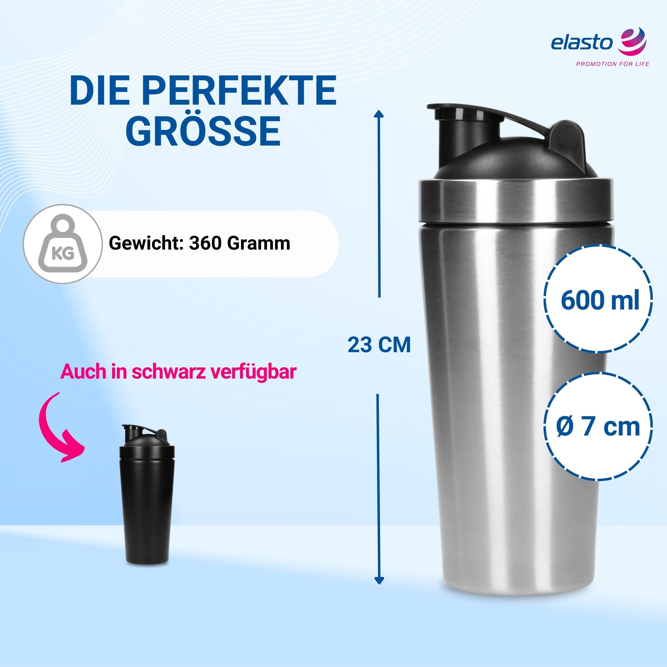 elasto Protein Shaker Protein Shaker Edelstahl 600 ml - auslaufsicherer Shaker mit Sieb, auslaufsicher, doppelwandig, eiweiss shaker, Gym, bruchfest
